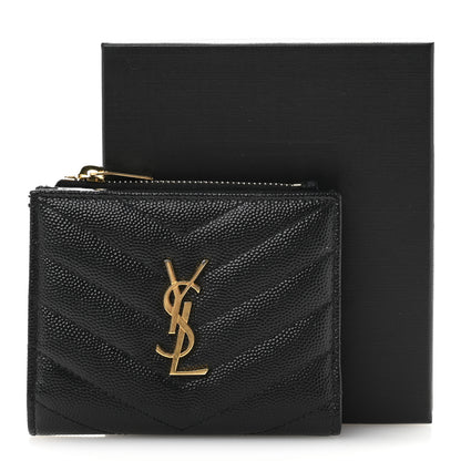 Saint Laurent Grain De Poudre Matelasse Chevron Monogram Zipped Card Case Black 10 of 10