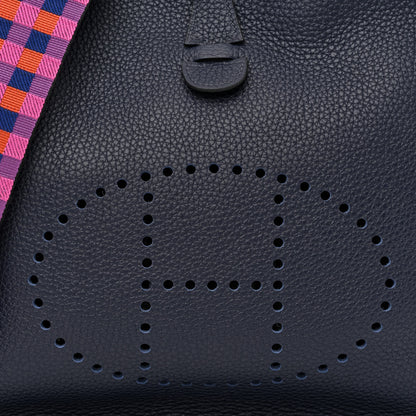 Hermes Taurillon Clemence Quadrille Evelyne III PM Bleu Nuit Bleu Saphir Anemone Capucine 8 of 10