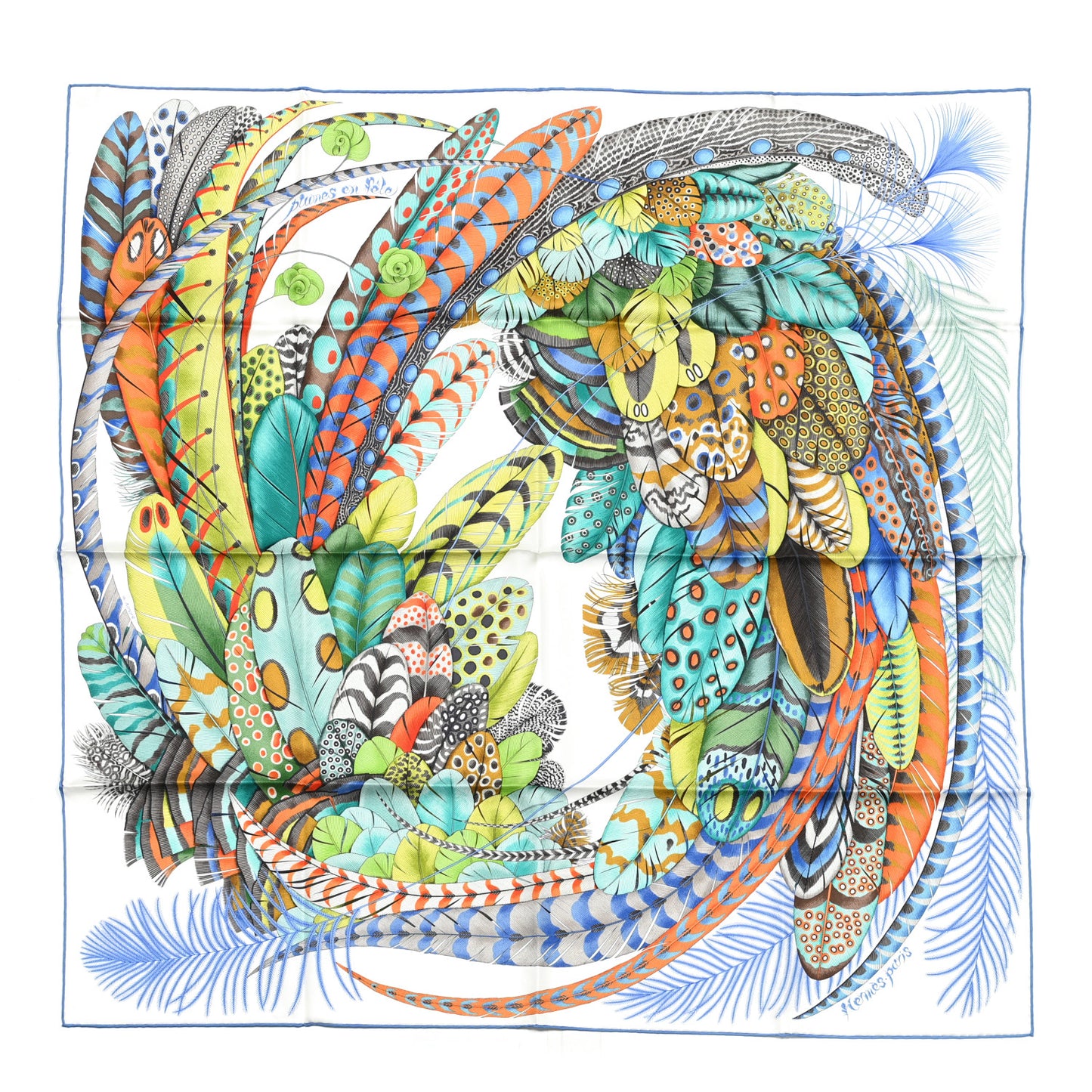 Silk Plumes En Fete Scarf 90 Blanc Turquoise