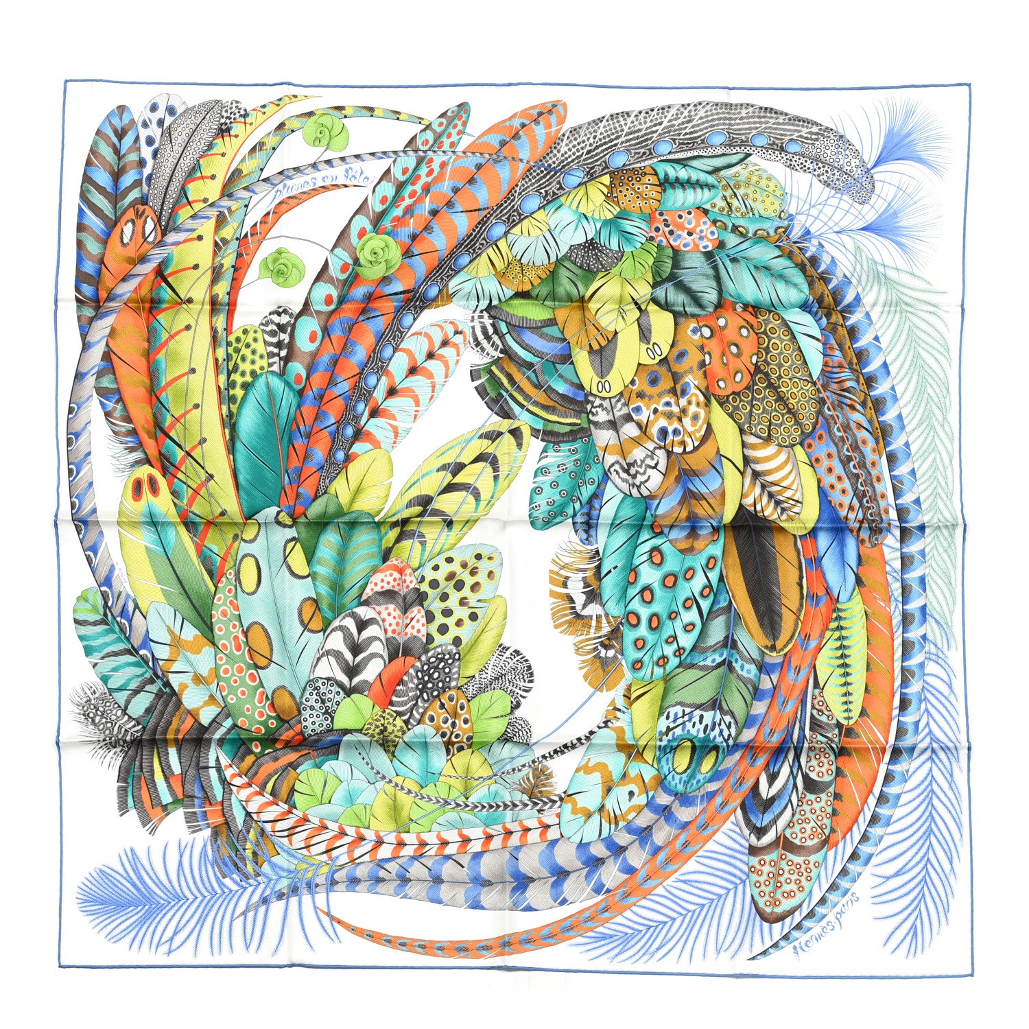 Hermes Silk Plumes En Fete Scarf 90 Blanc Turquoise 1 of 3