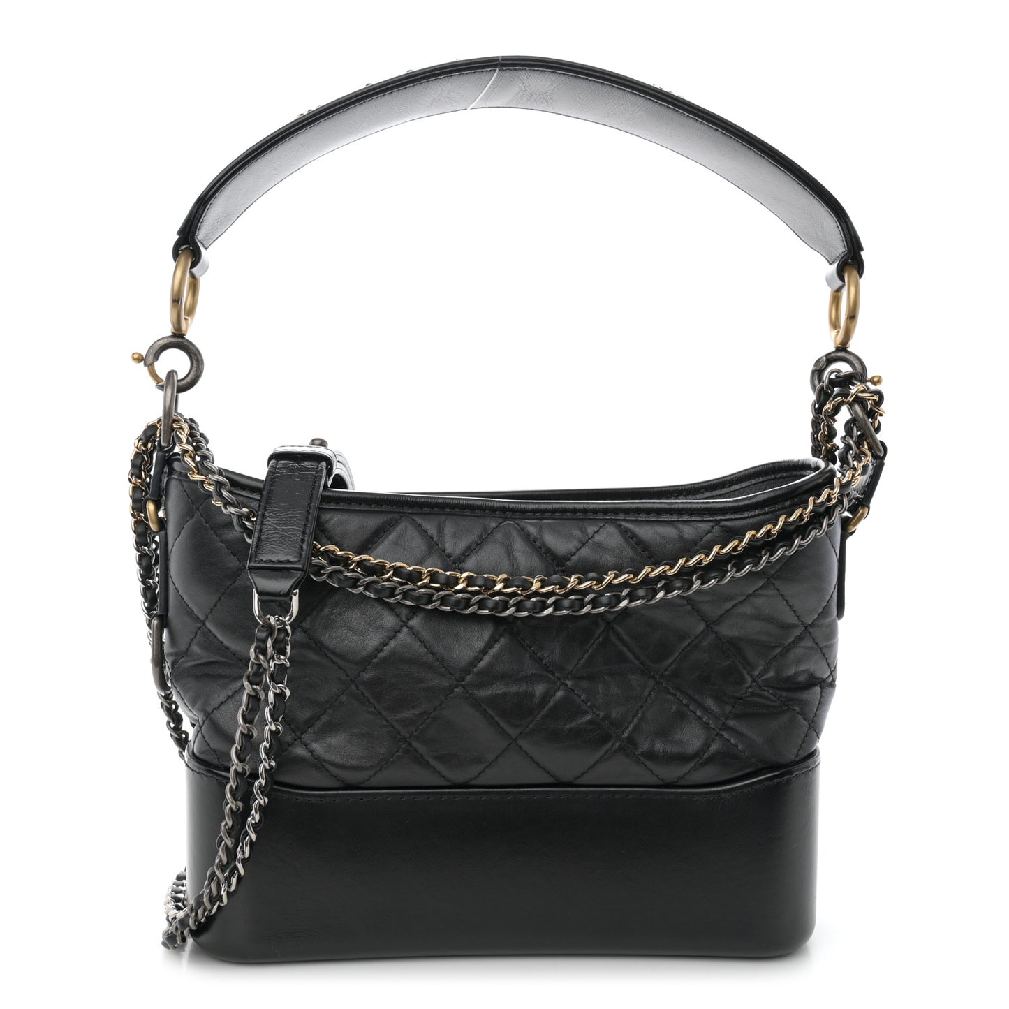 Aged Smooth Calfskin Quilted Medium Gabrielle Logo Hobo Black