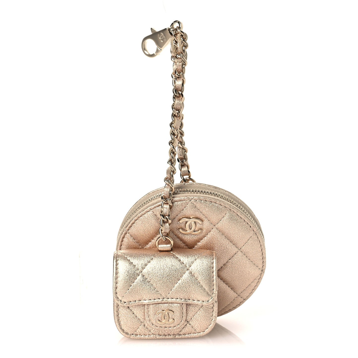 Metallic Lambskin Quilted Round Clip On Coin Purse Airpods Case Gold