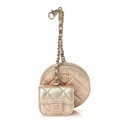Chanel Metallic Lambskin Quilted Round Clip On Coin Purse Airpods Case Gold 1 of 13