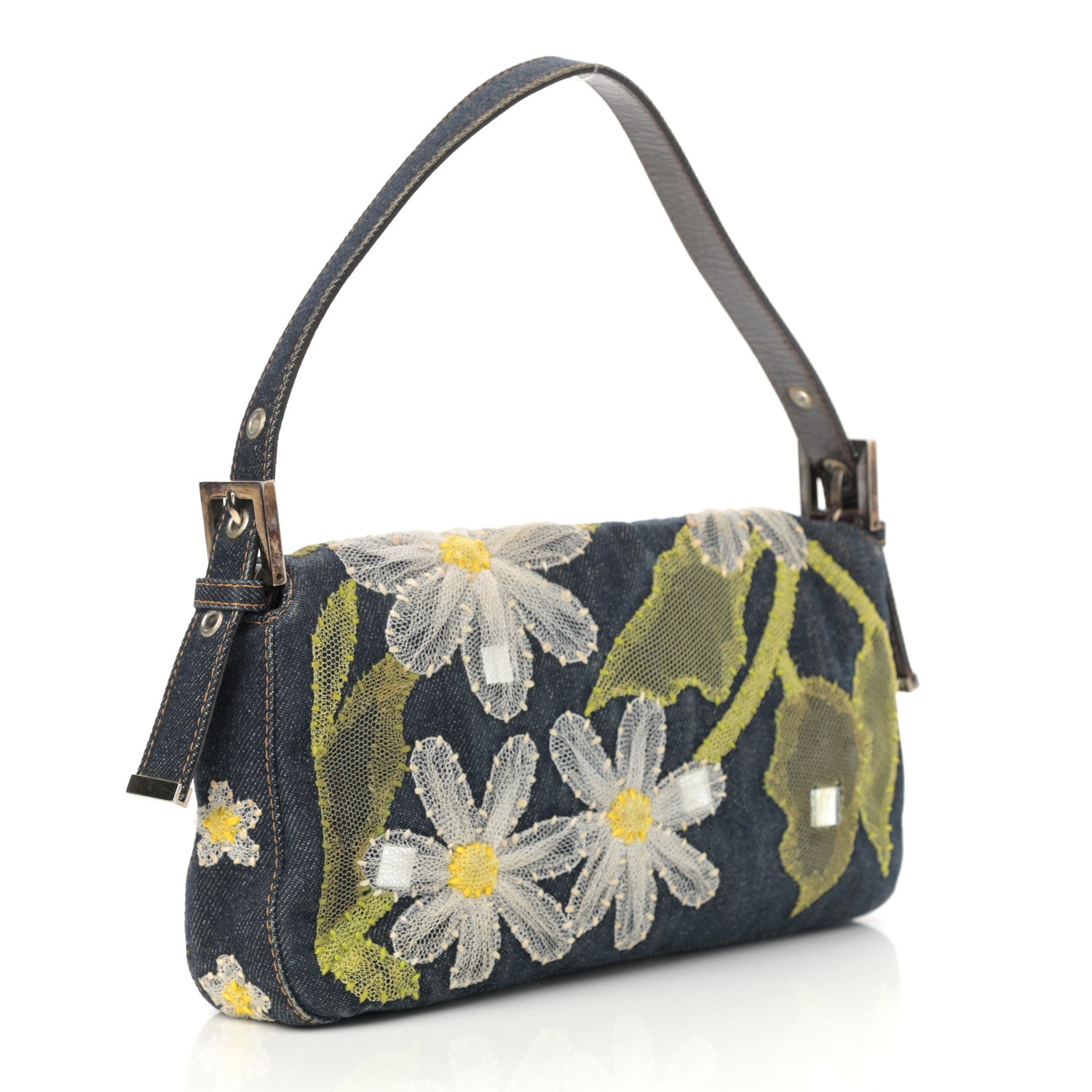 Fendi Denim Flower Applique Baguette Blue 3 of 16