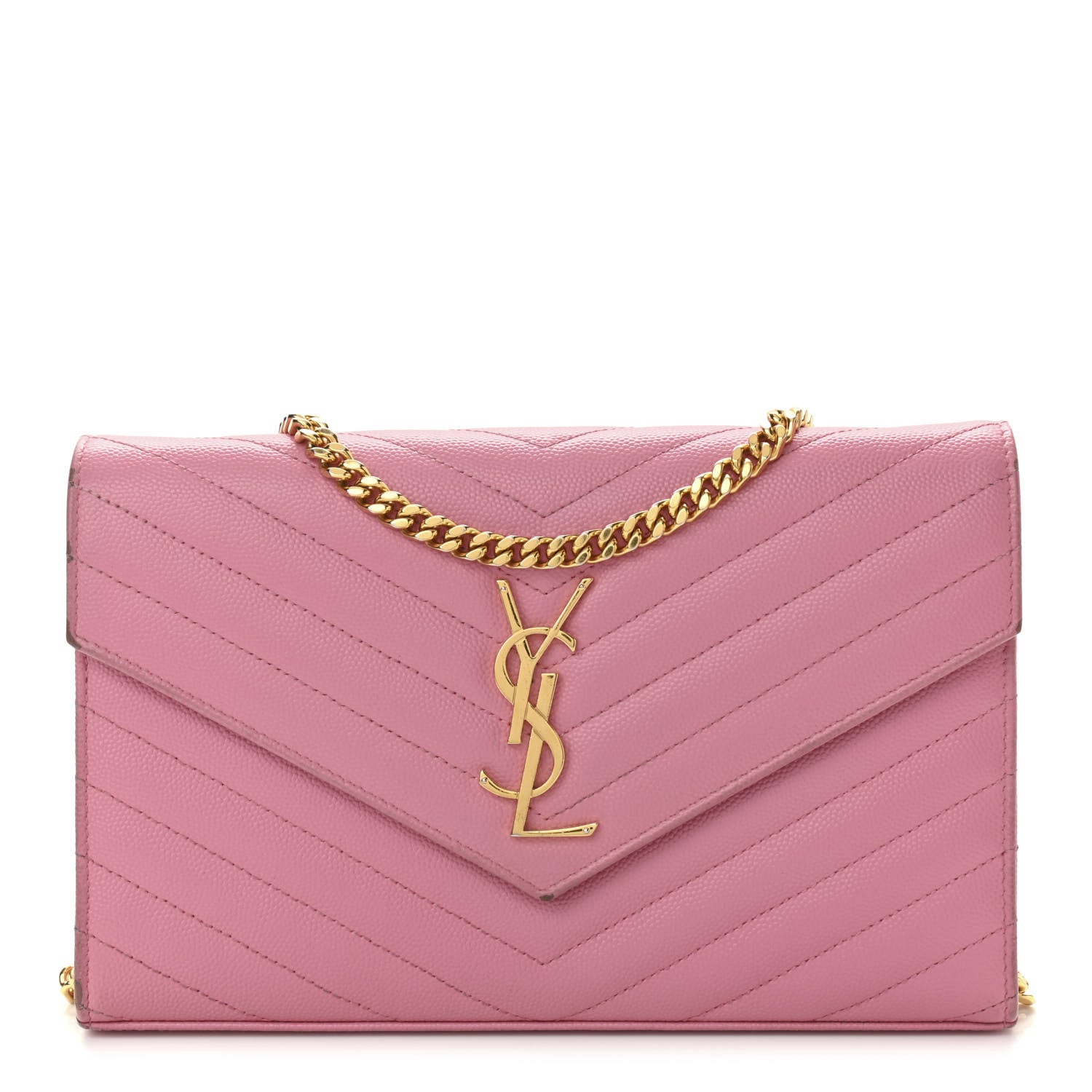 Saint Laurent Grain De Poudre Matelasse Chevron Monogram Chain Wallet Indian Pink 1 of 13