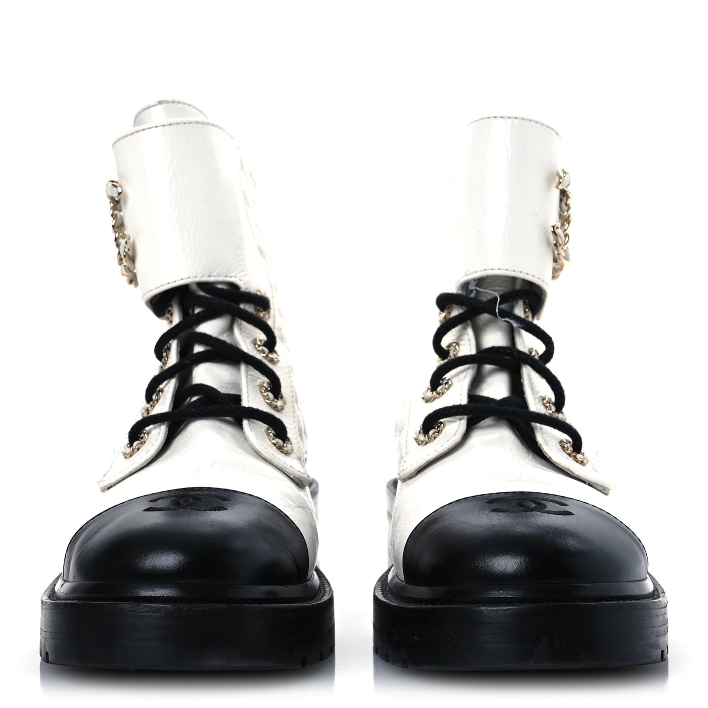 Shiny Goatskin Calfskin Quilted Lace Up Combat Boots 41.5 White Black