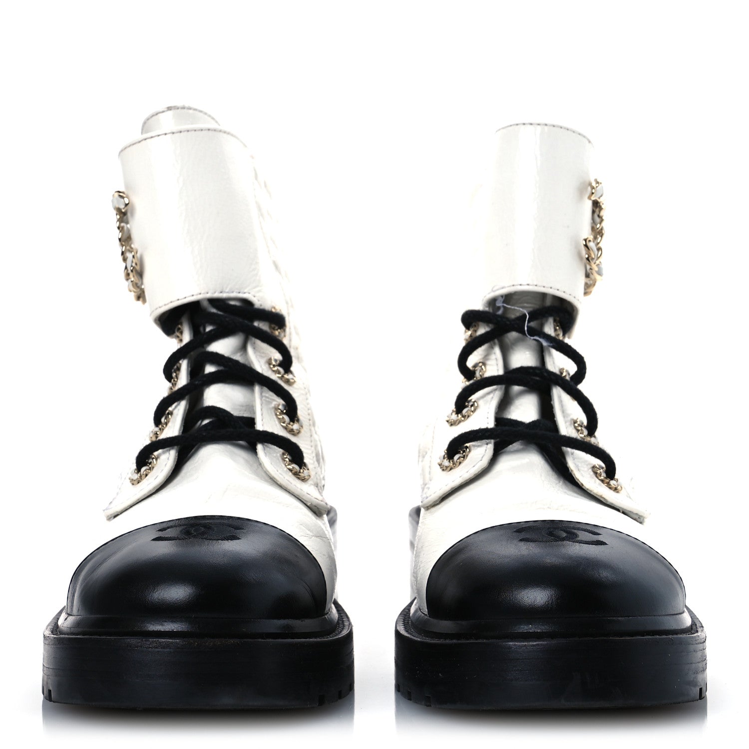 Chanel Shiny Goatskin Calfskin Quilted Lace Up Combat Boots 41.5 White Black 3 of 15
