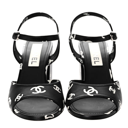 Chanel Lambskin Printed CC Sandals 39 Black White 2 of 8