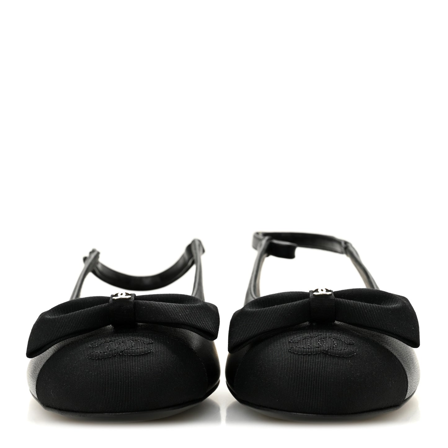 Lambskin Grosgrain Bow Cap Toe CC Slingback Flats 40 Black