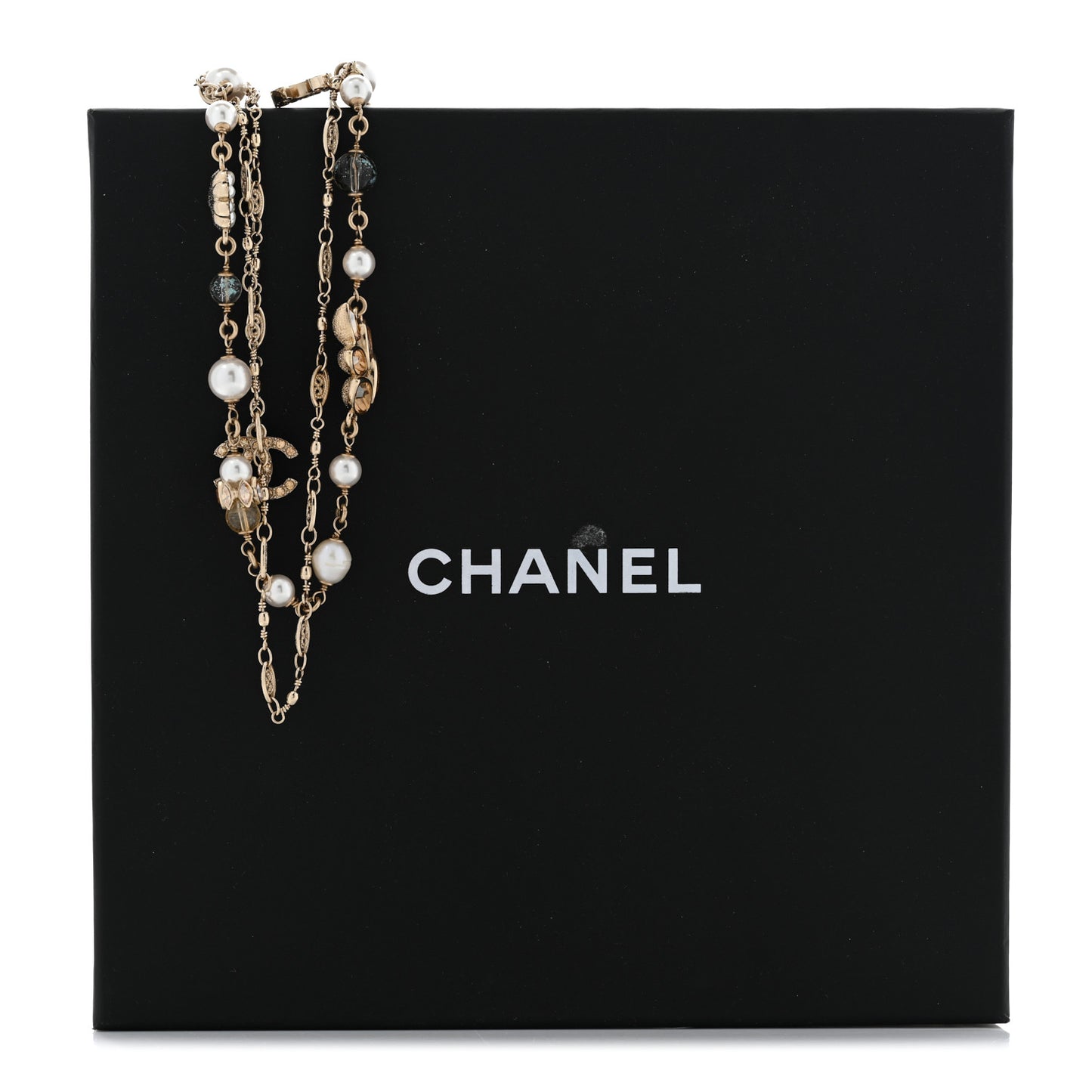 Pearl Bead Crystal CC Necklace Gold White