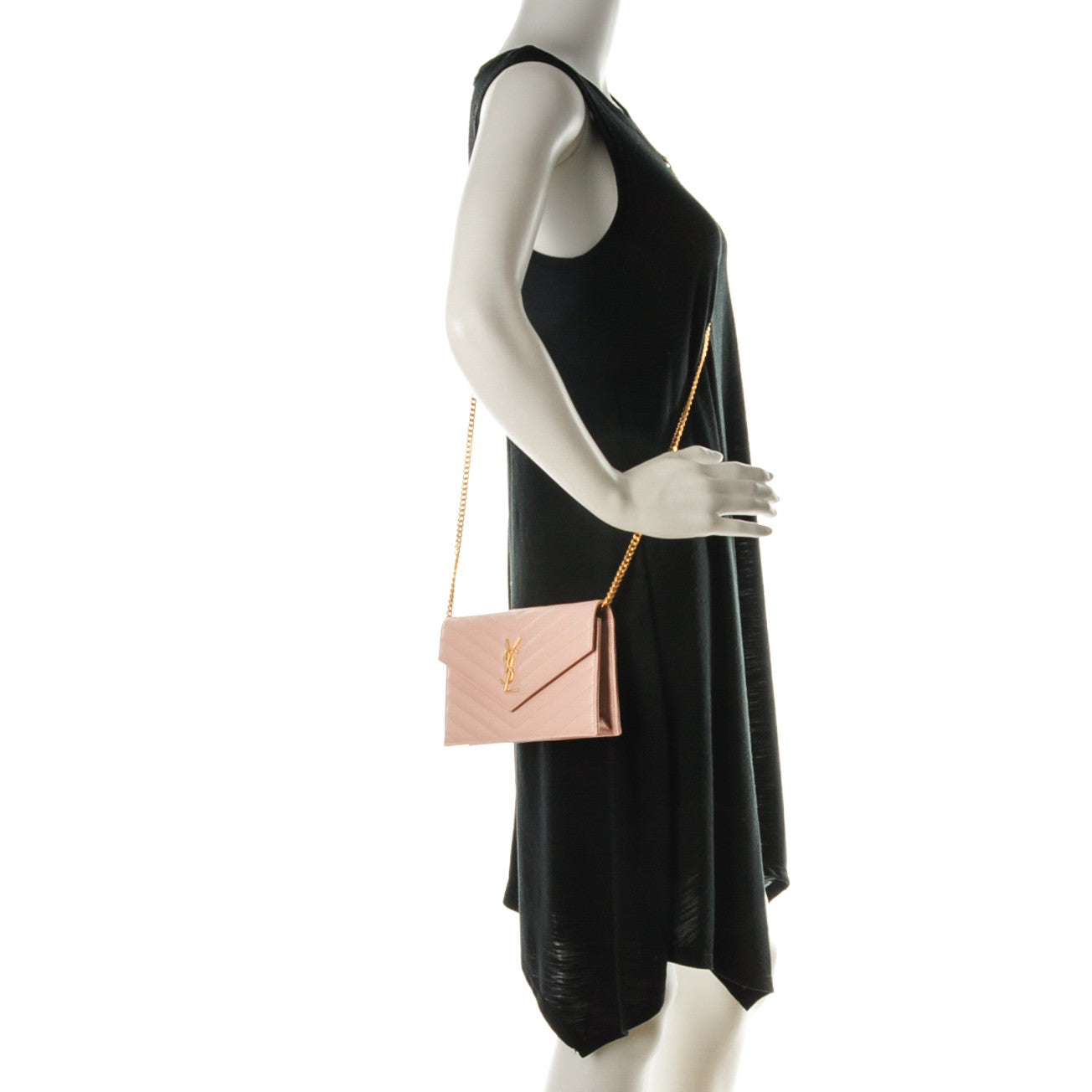 Saint Laurent Grain De Poudre Matelasse Chevron Monogram Envelope Chain Wallet Pale Pink 2 of 7