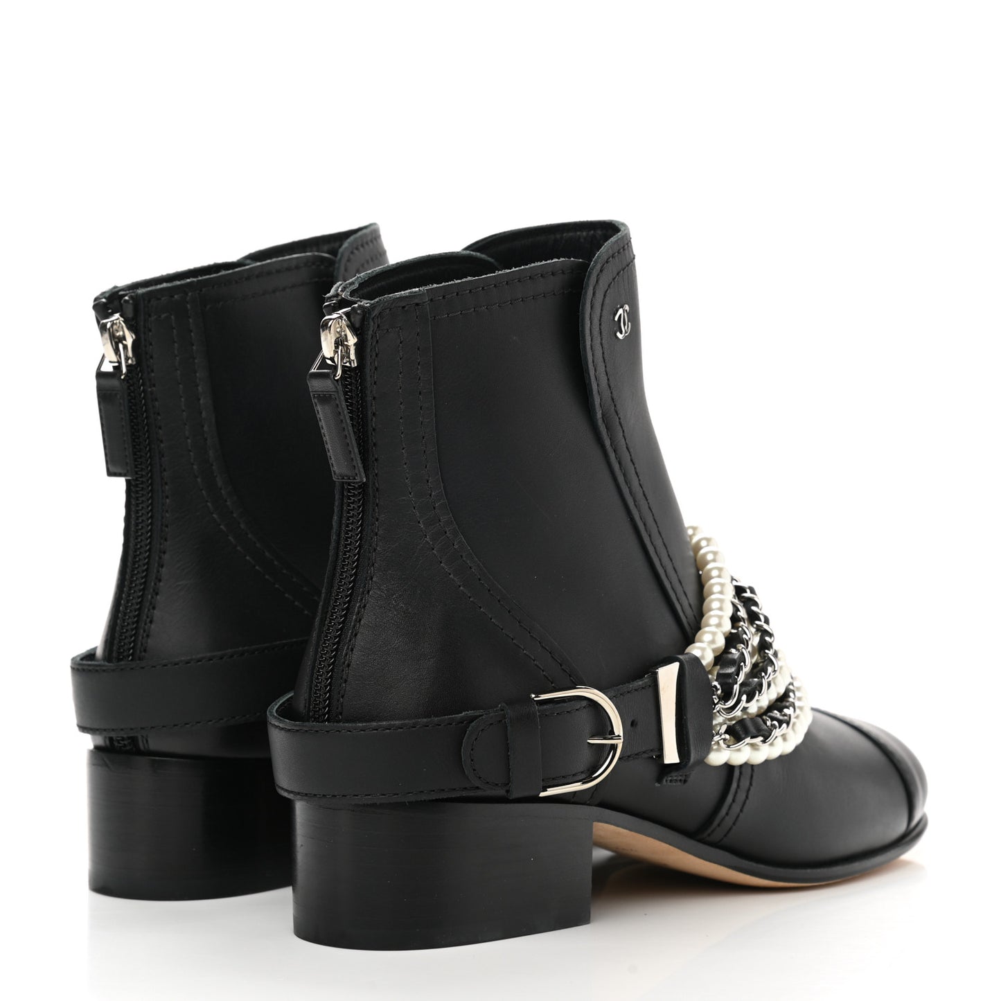 Calfskin Pearl Cap Toe Short Boots 36.5 Black