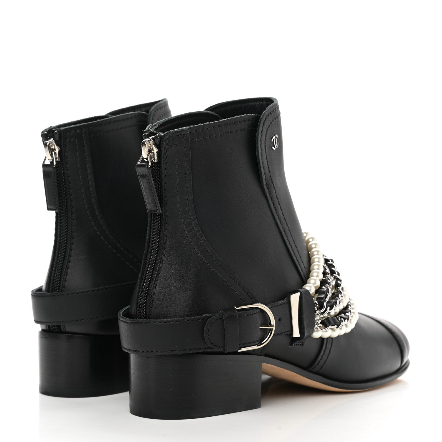 Chanel Calfskin Pearl Cap Toe Short Boots 36.5 Black 4 of 9