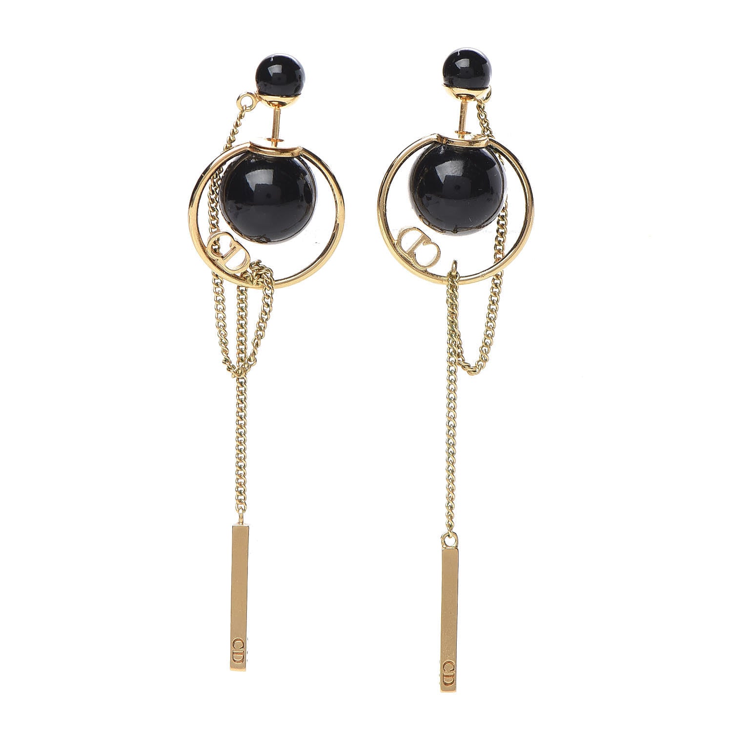 Christian Dior Pearl Tribales Dangle Chain Earrings Black Gold 1 of 4