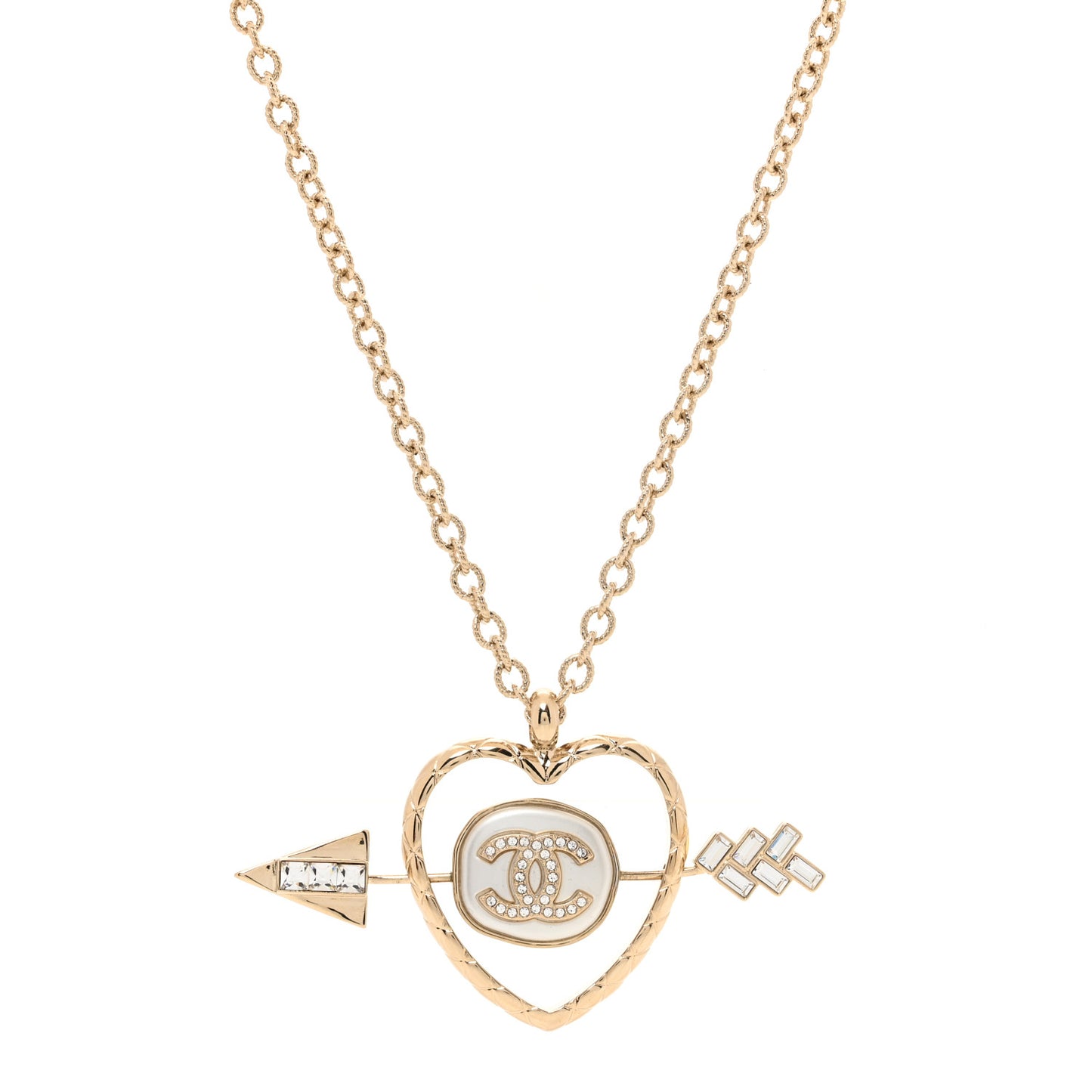 Baguette Crystal Pearl CC Heart Arrow Pendant Necklace Gold