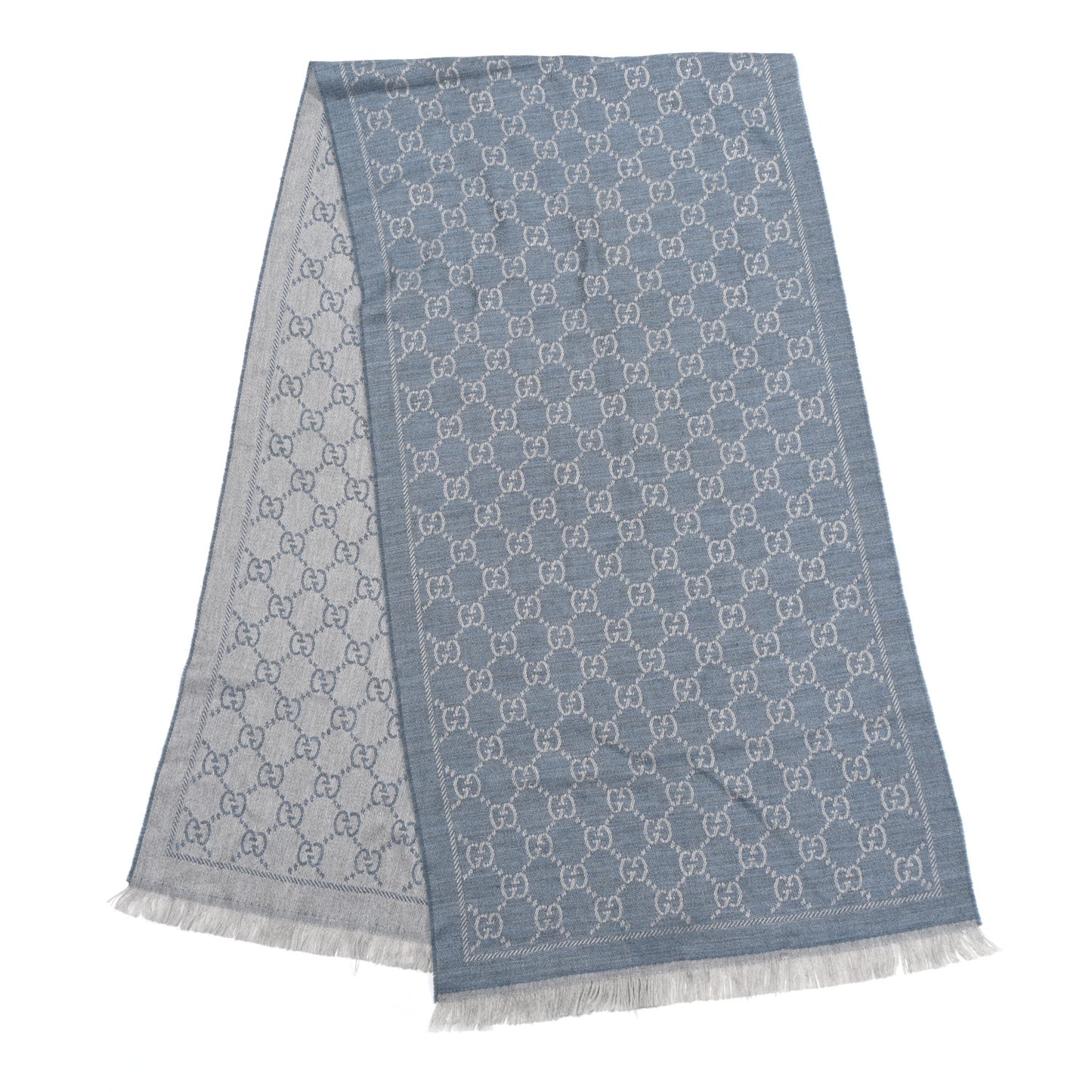 Wool Jacquard GG Monogram Sten Fringe Scarf Light Blue