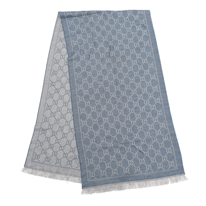 Gucci Wool Jacquard GG Monogram Sten Fringe Scarf Light Blue 2 of 3