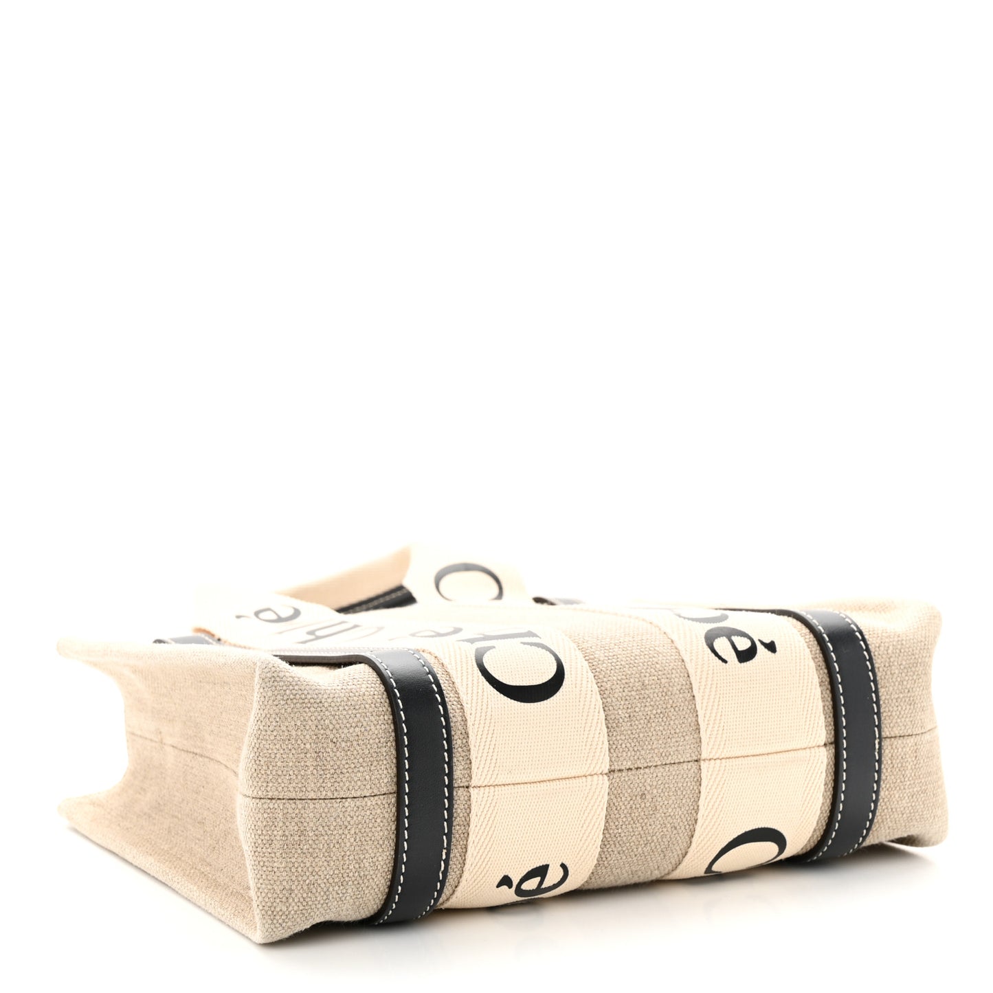 Linen Calfskin Small Woody Ribbon Tote White Black