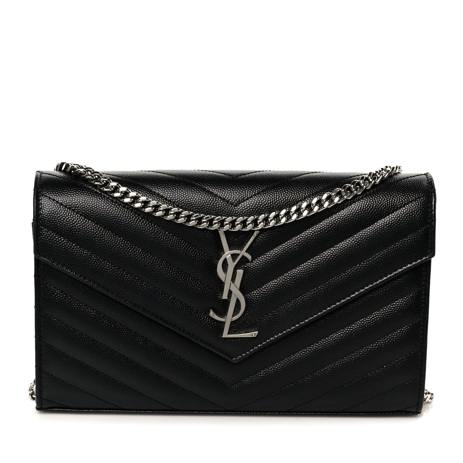 Saint Laurent Grain De Poudre Matelasse Chevron Monogram Chain Wallet Black 1 of 10