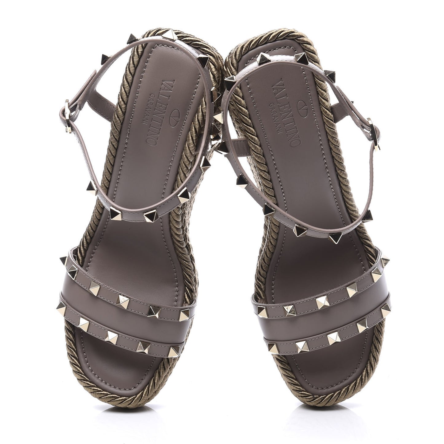 Silk Calfskin Rockstud Torchon Espadrille 25/115mm Wedge Sandals 40 Clay