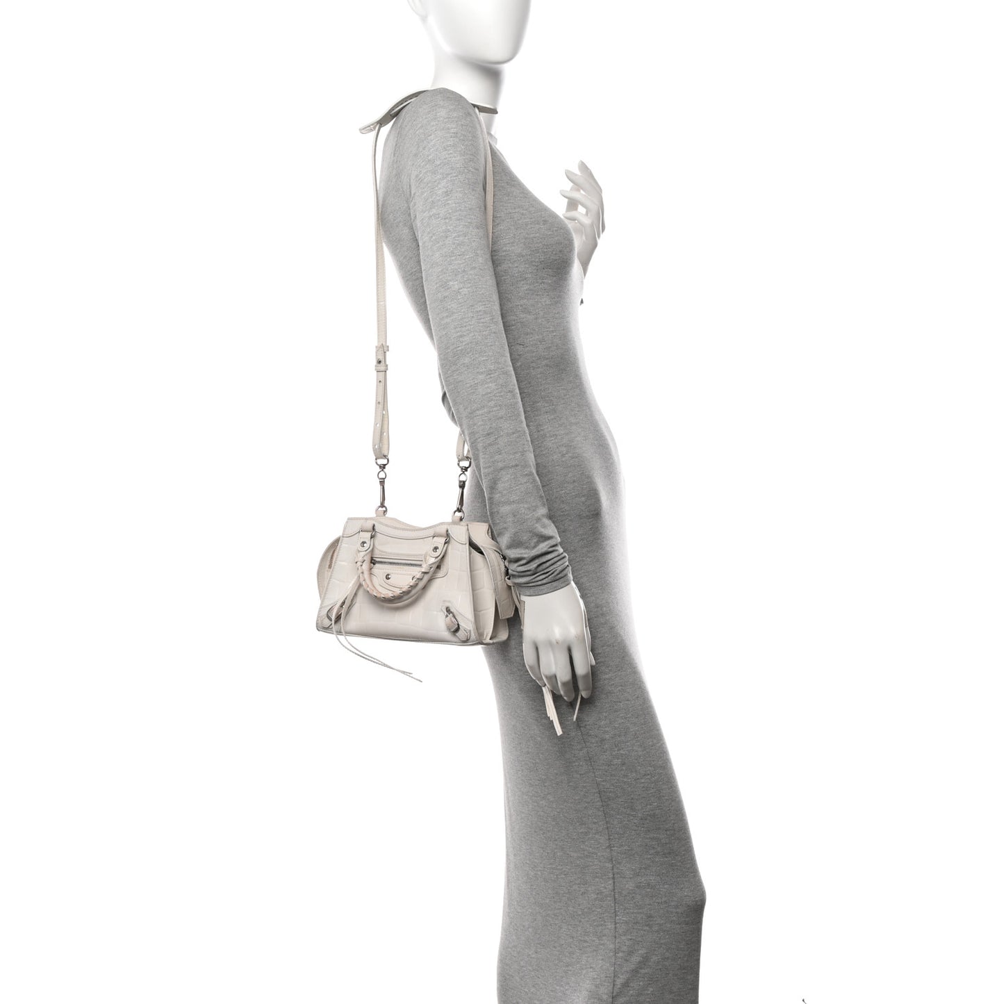 Semi Shiny Calfskin Crocodile Embossed Neo Classic Silver Hardware Mini City White