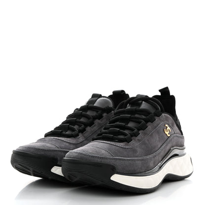 Chanel Suede Calfskin Nylon Grosgrain CC Sneakers 37.5 Grey 3 of 9