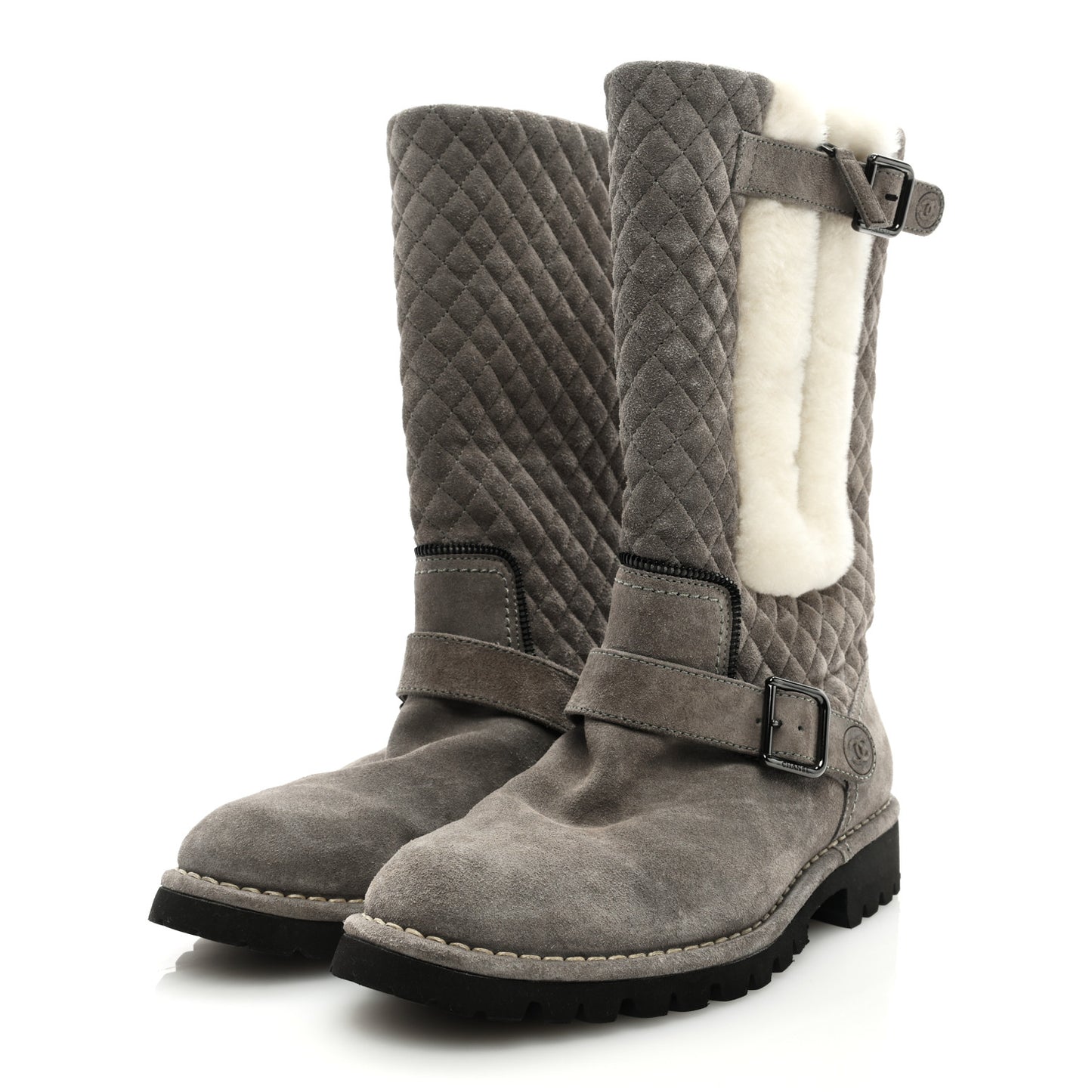 Shearling Suede Calfskin Quilted High Biker Boots 40 Grey