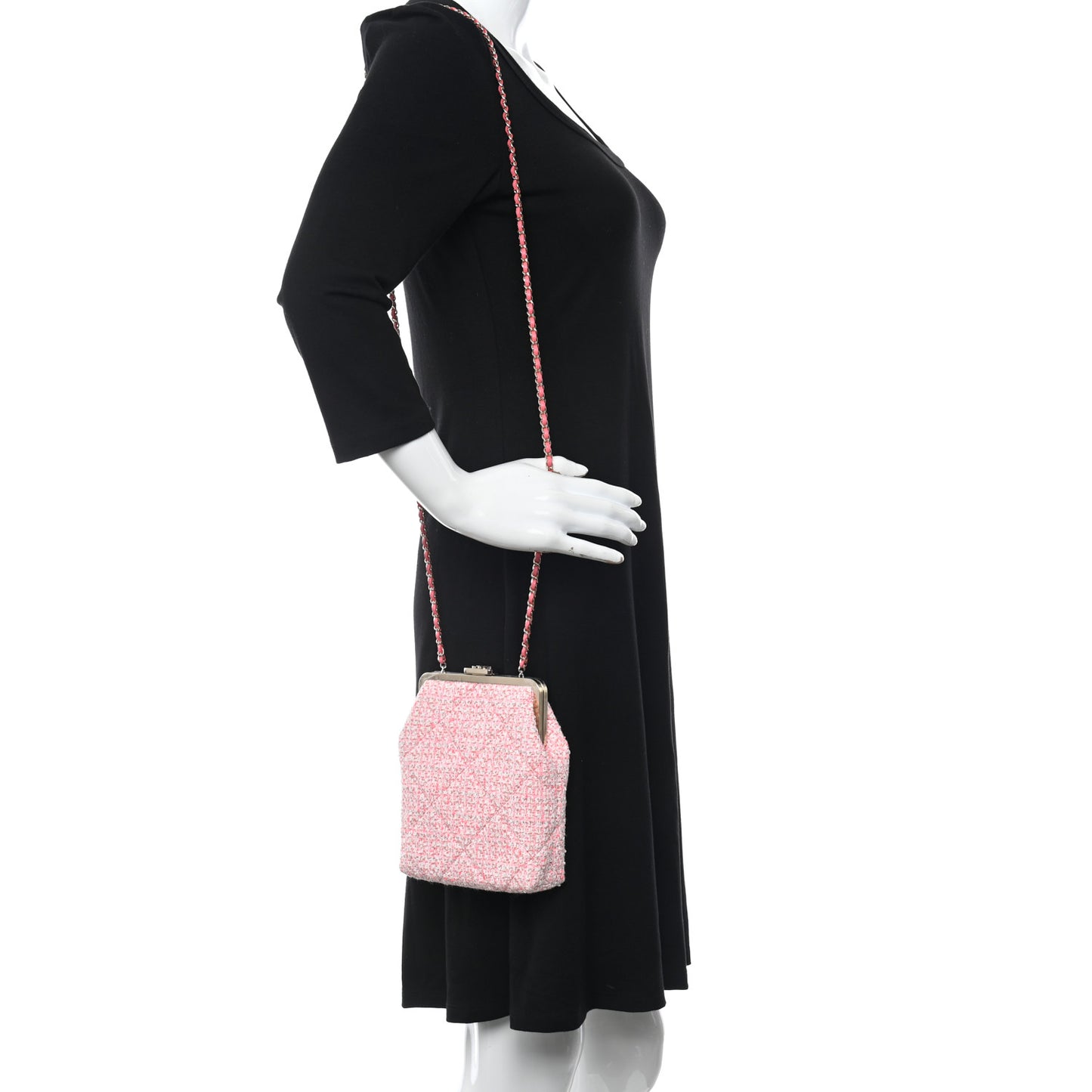 Tweed Kiss Lock Phone Holder With Chain Pale Pink Ecru