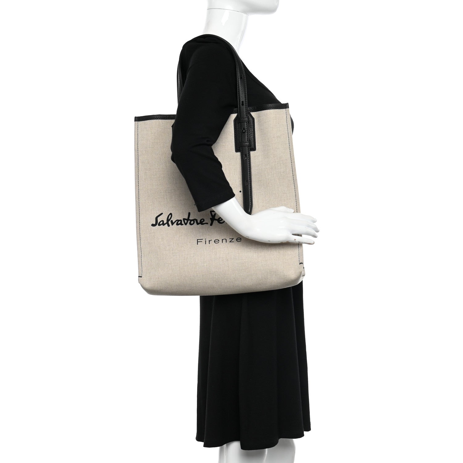 Salvatore Ferragamo Canvas 1927 Signature Tote Beige Black 2 of 9