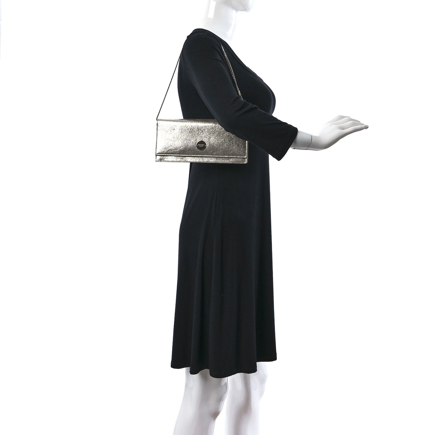 Metallic Calfskin Clutch With Chain Champagne