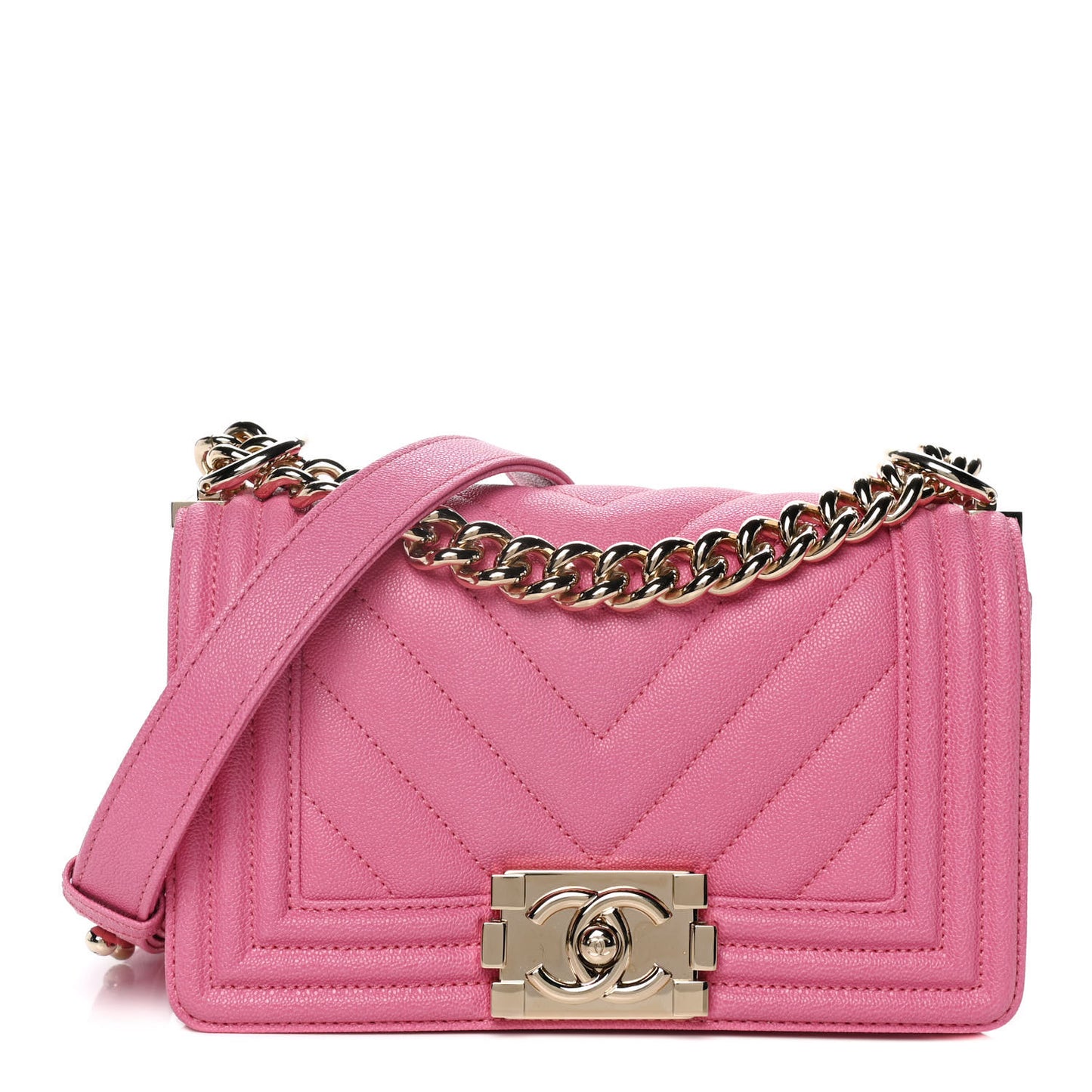 Caviar Chevron Quilted Small Boy Flap Dark Pink