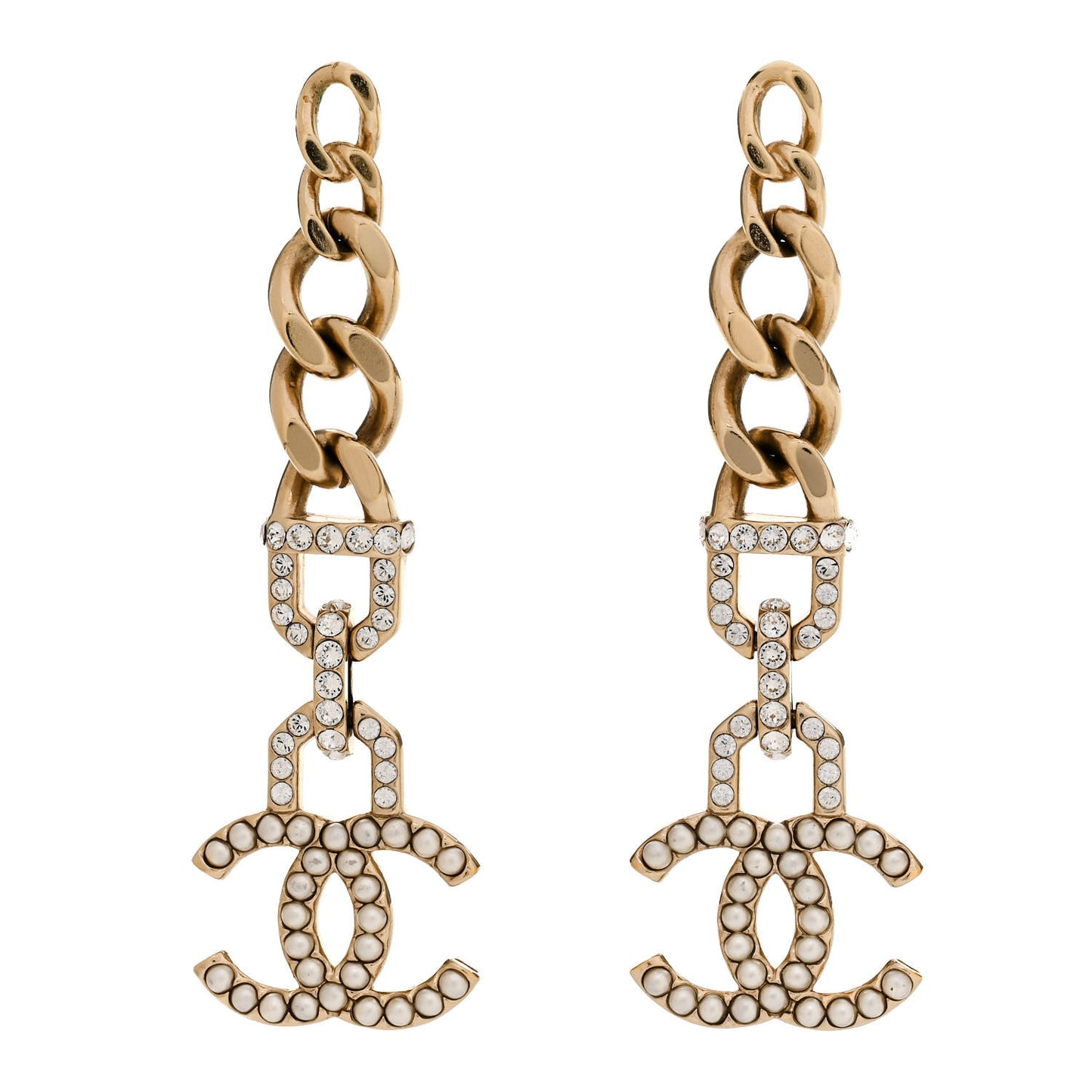 Pearl Crystal CC Chain Link Drop Earrings Gold