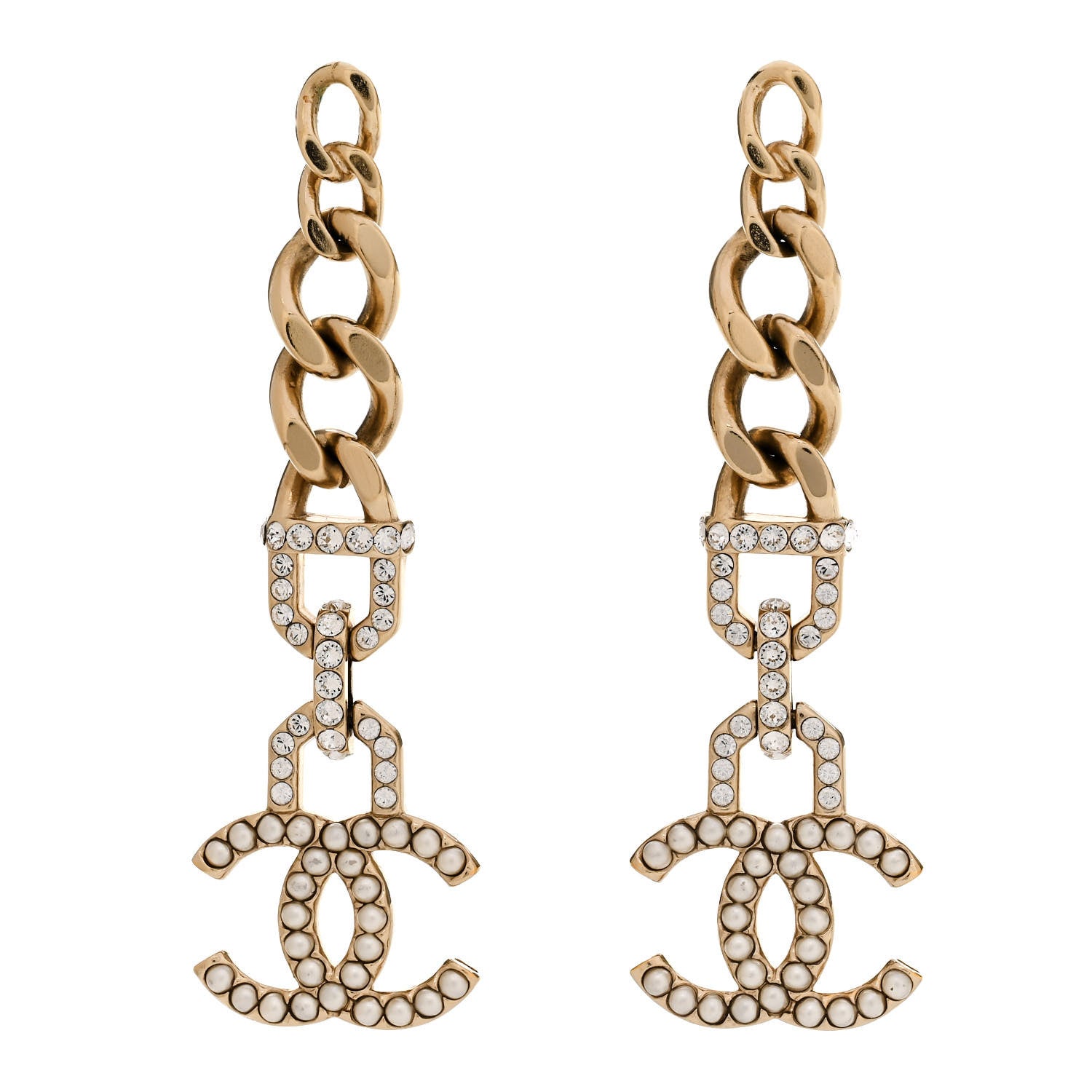 Chanel Pearl Crystal CC Chain Link Drop Earrings Gold 1 of 5