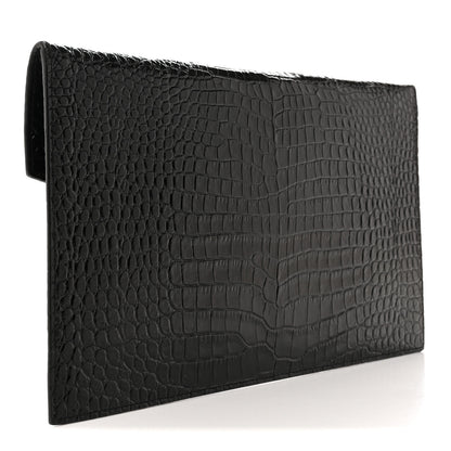 Saint Laurent Calfskin Crocodile Embossed Uptown Monogram Pouch Black 3 of 8