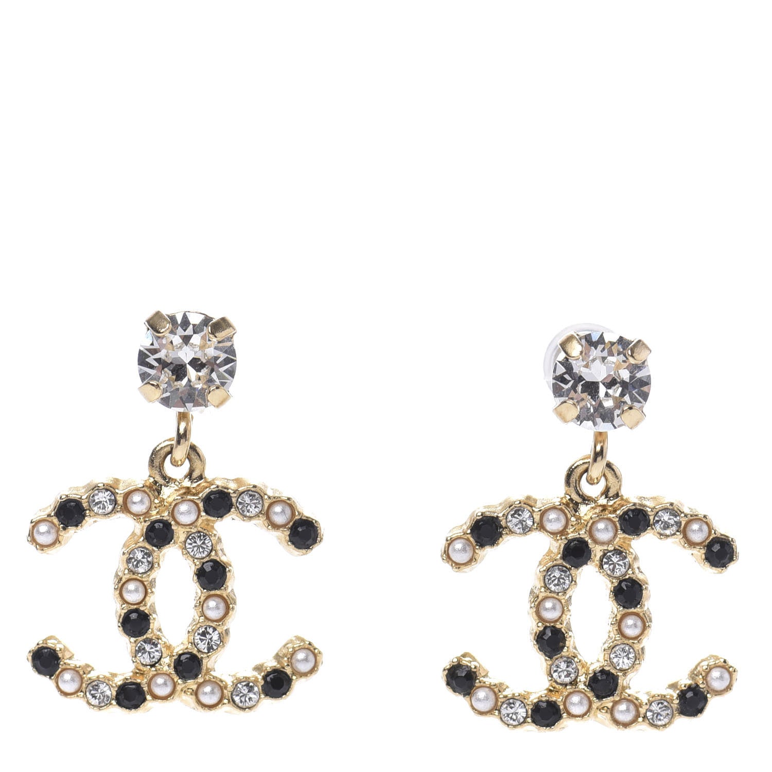 Chanel Resin Crystal Pearl CC Drop Earrings Gold Black 1 of 5