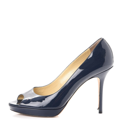 Jimmy Choo Patent Luna Platform Peep Toe Pumps 38 Navy 1 of 18