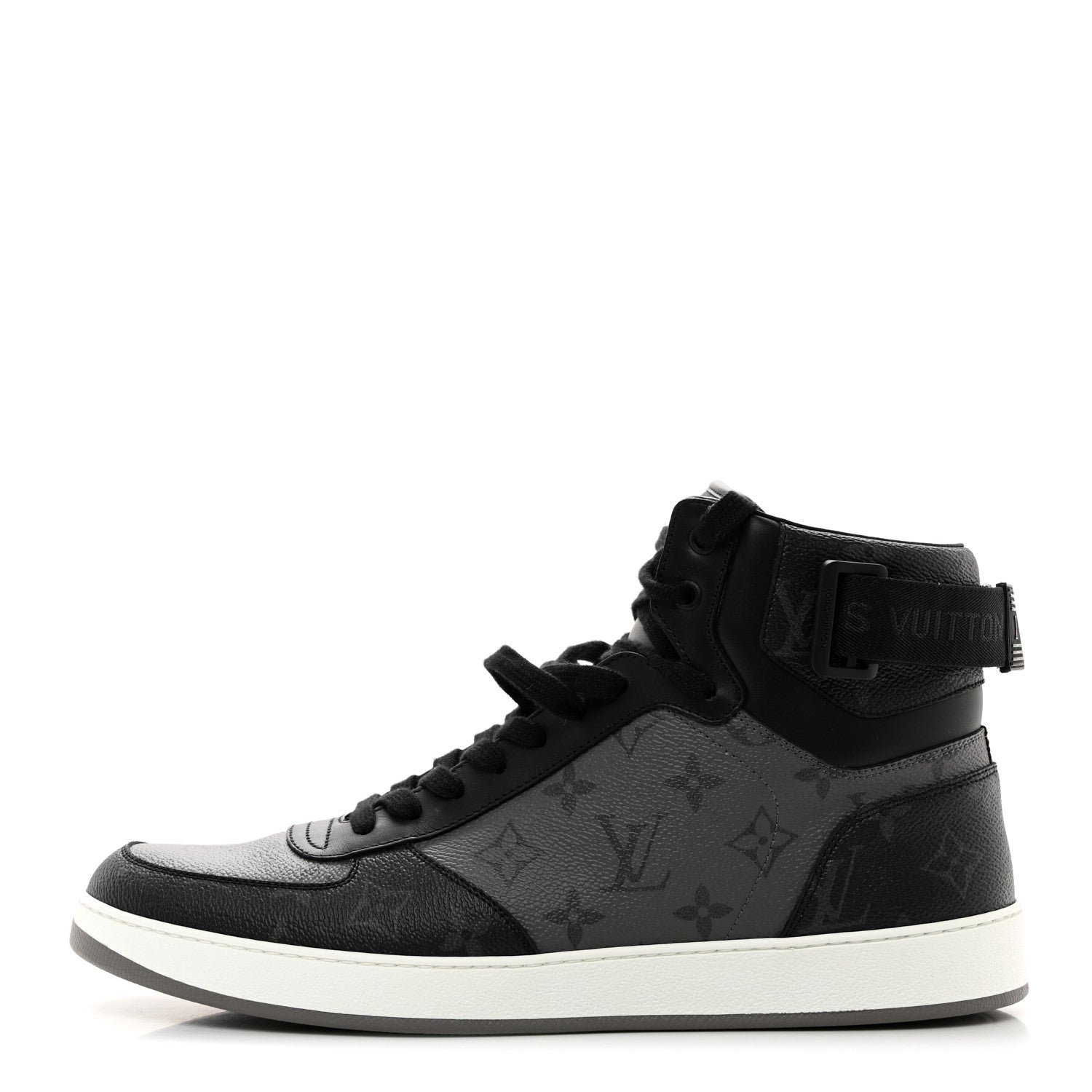 Louis Vuitton Calfskin Monogram Eclipse Mens Rivoli High Top Sneakers 10 10 Black Grey 1 of 8
