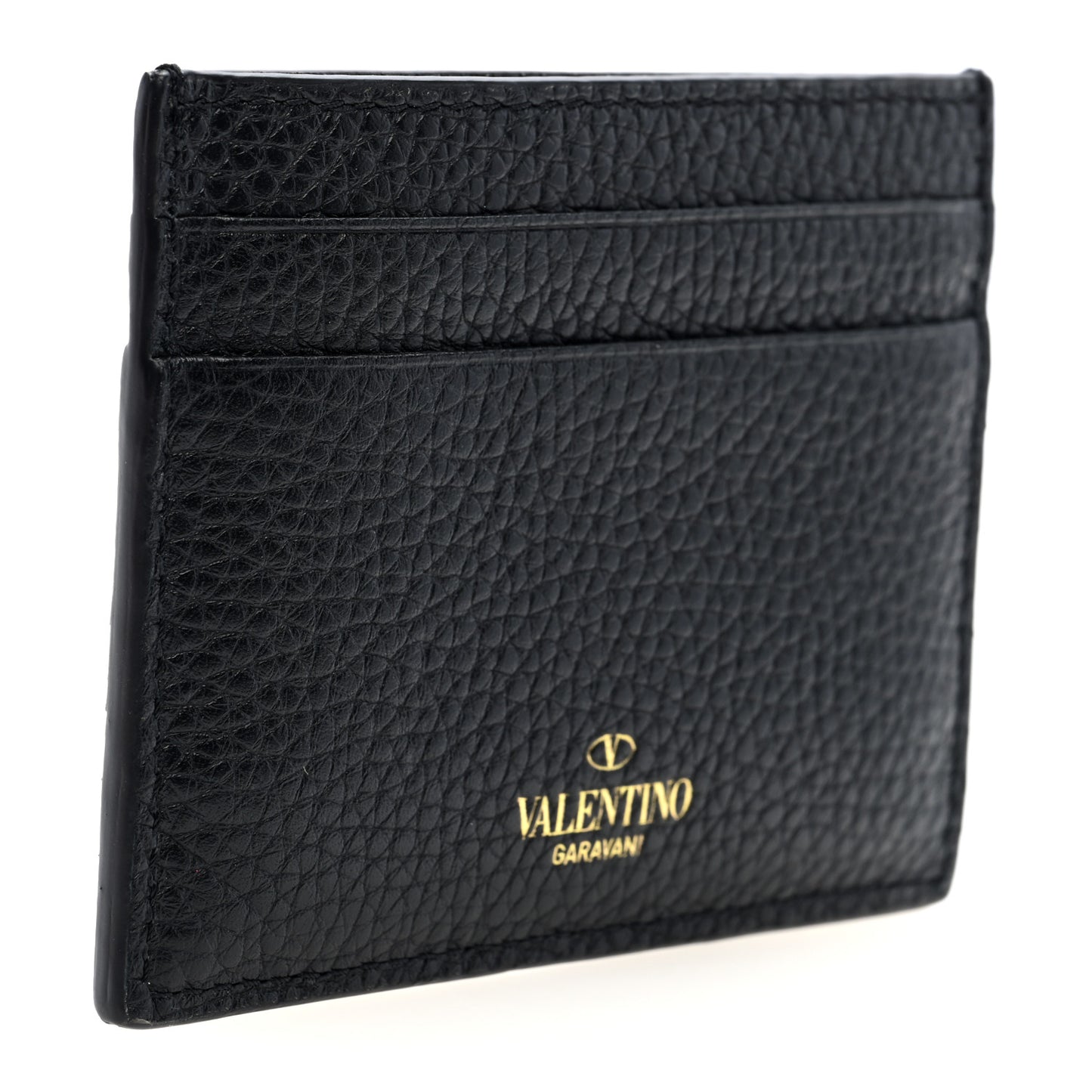 Pebbled Calfskin Rockstud Card Holder Black