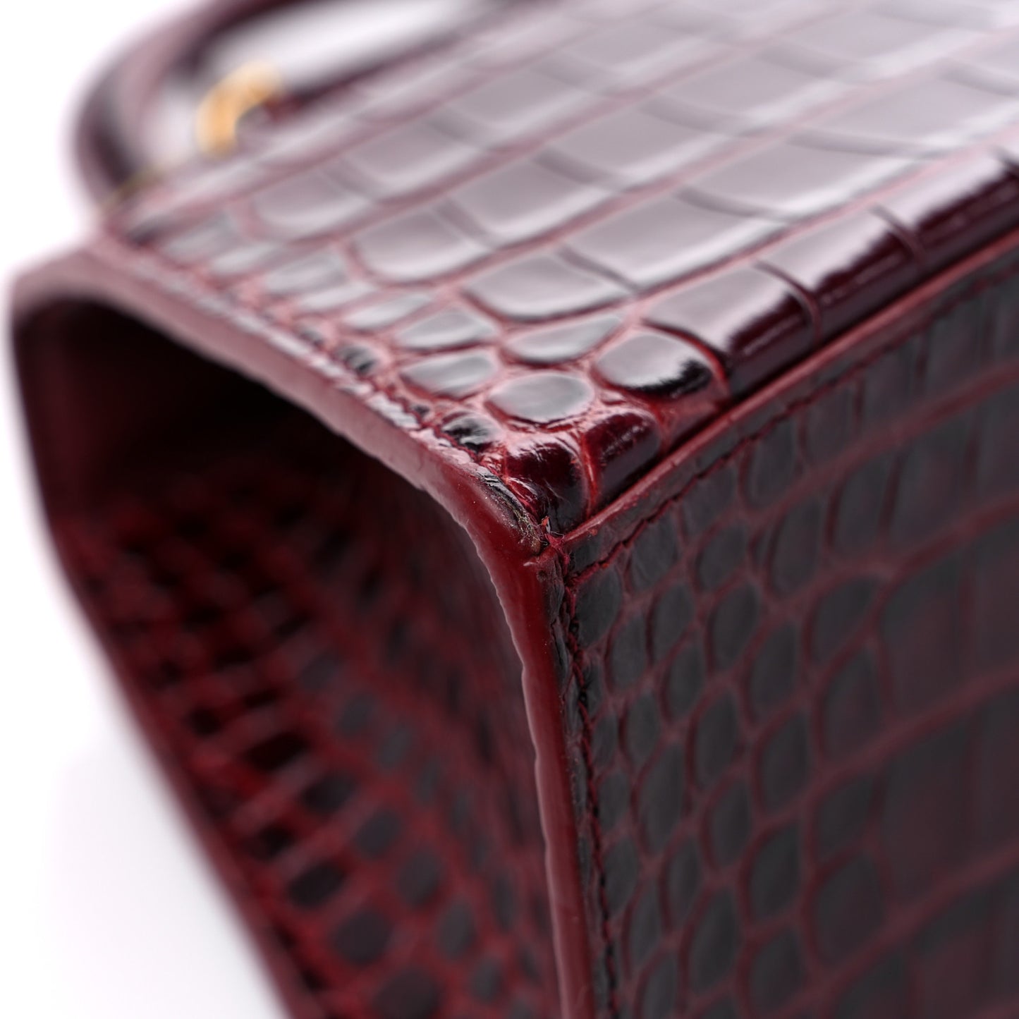 Shiny Calfskin Crocodile Embossed Small Hourglass Top Handle Bag Dark Red