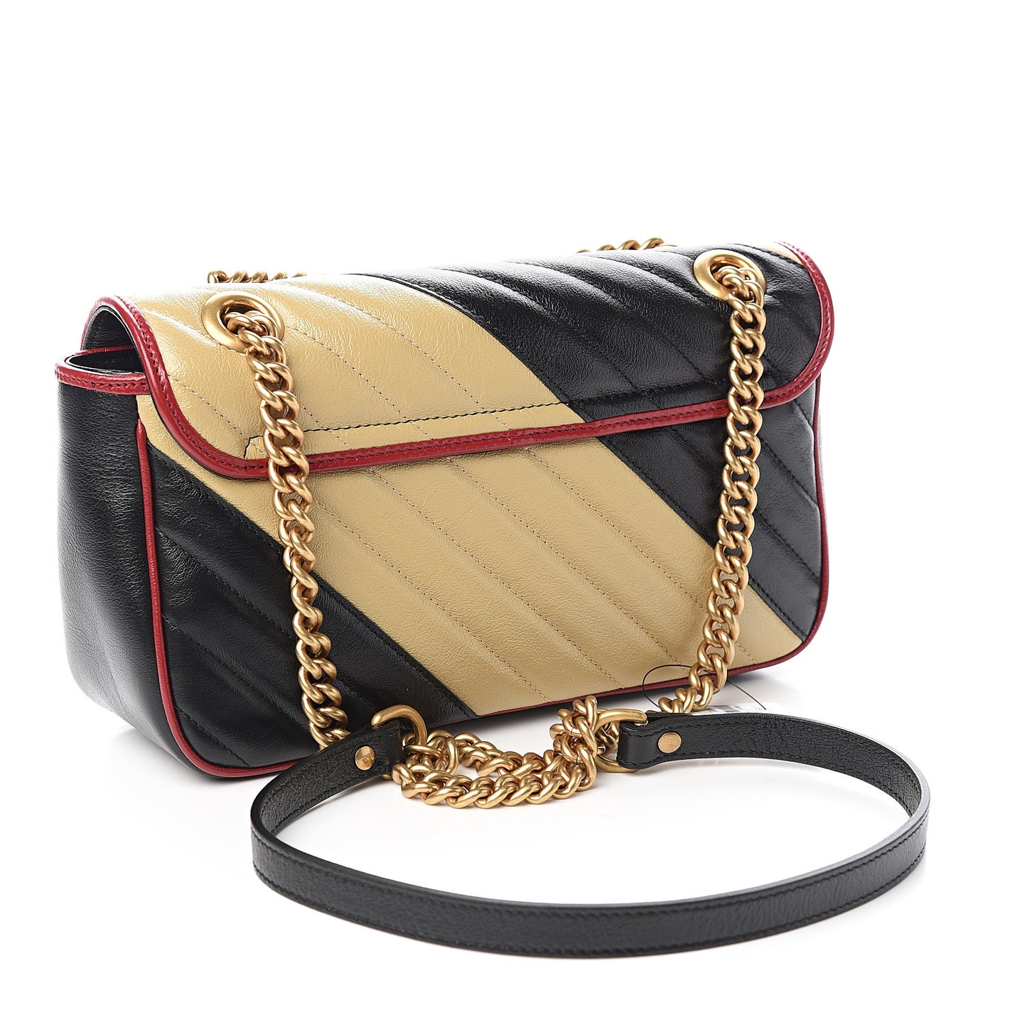Vintage Effect Calfskin Matelasse Diagonal Striped Small Torchon GG Marmont Shoulder Bag Black Beige