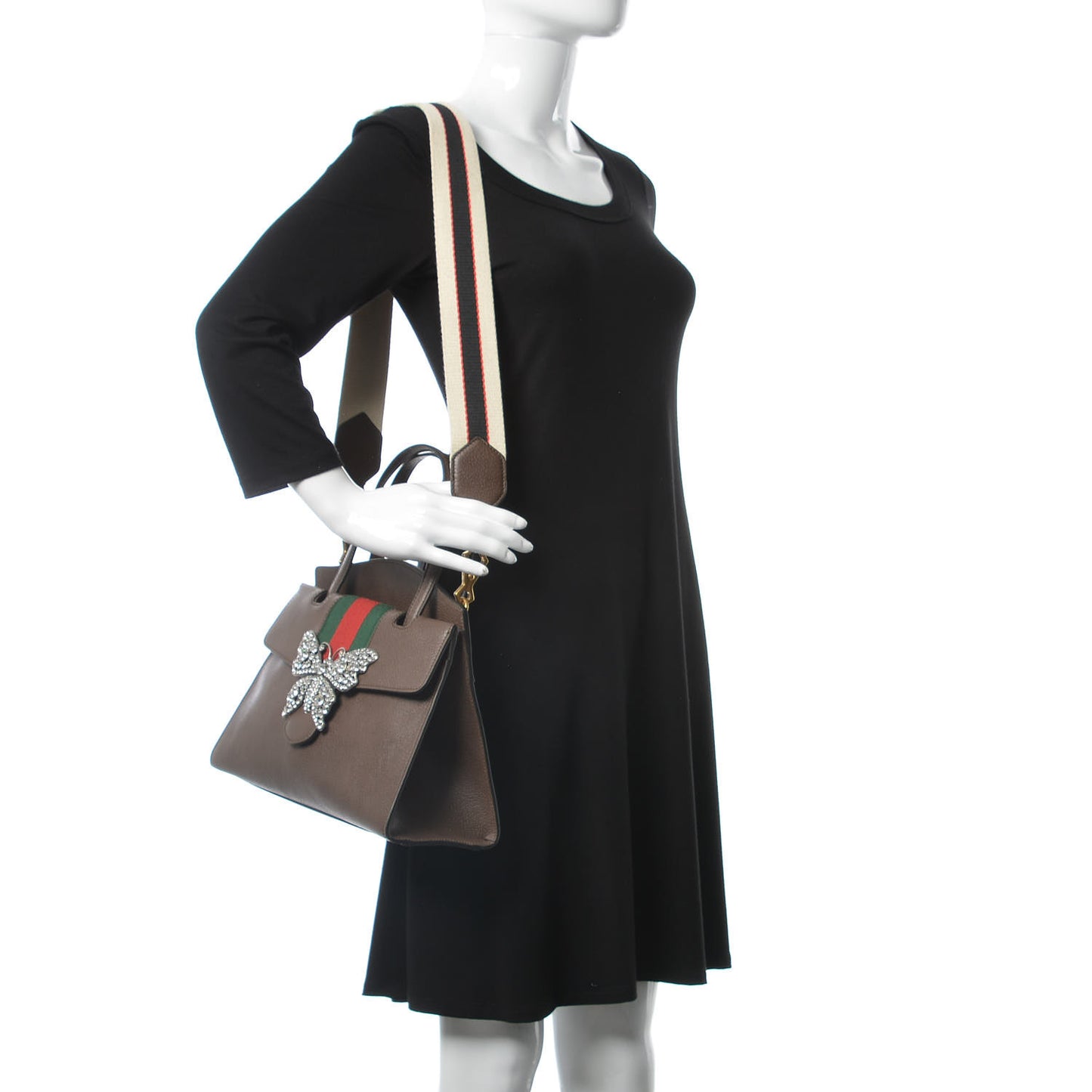 Textured Calfskin Web Crystal Butterfly Stripe Medium Totem Top Handle Bag New Acero