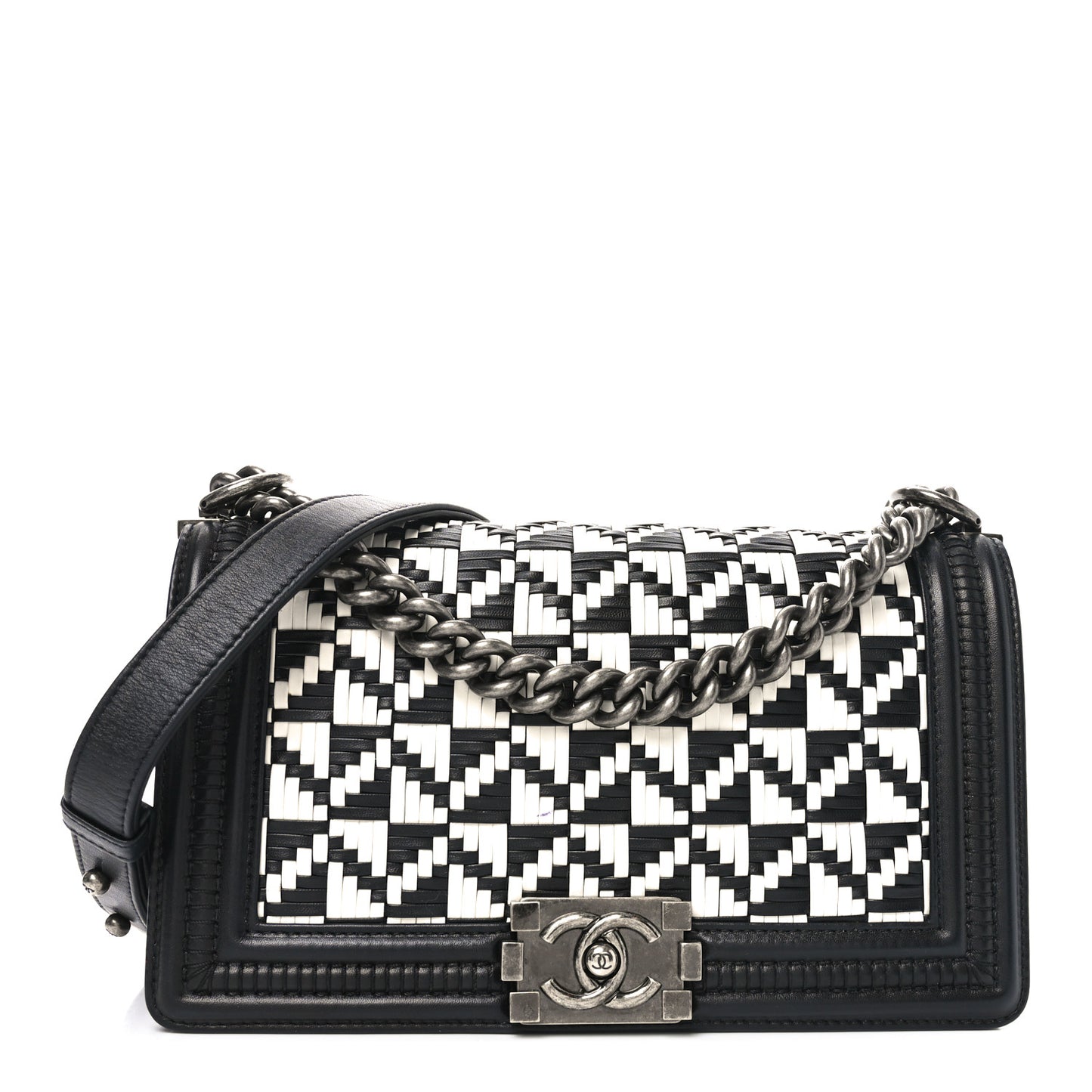 Calfskin Woven Medium Boy Flap Black White
