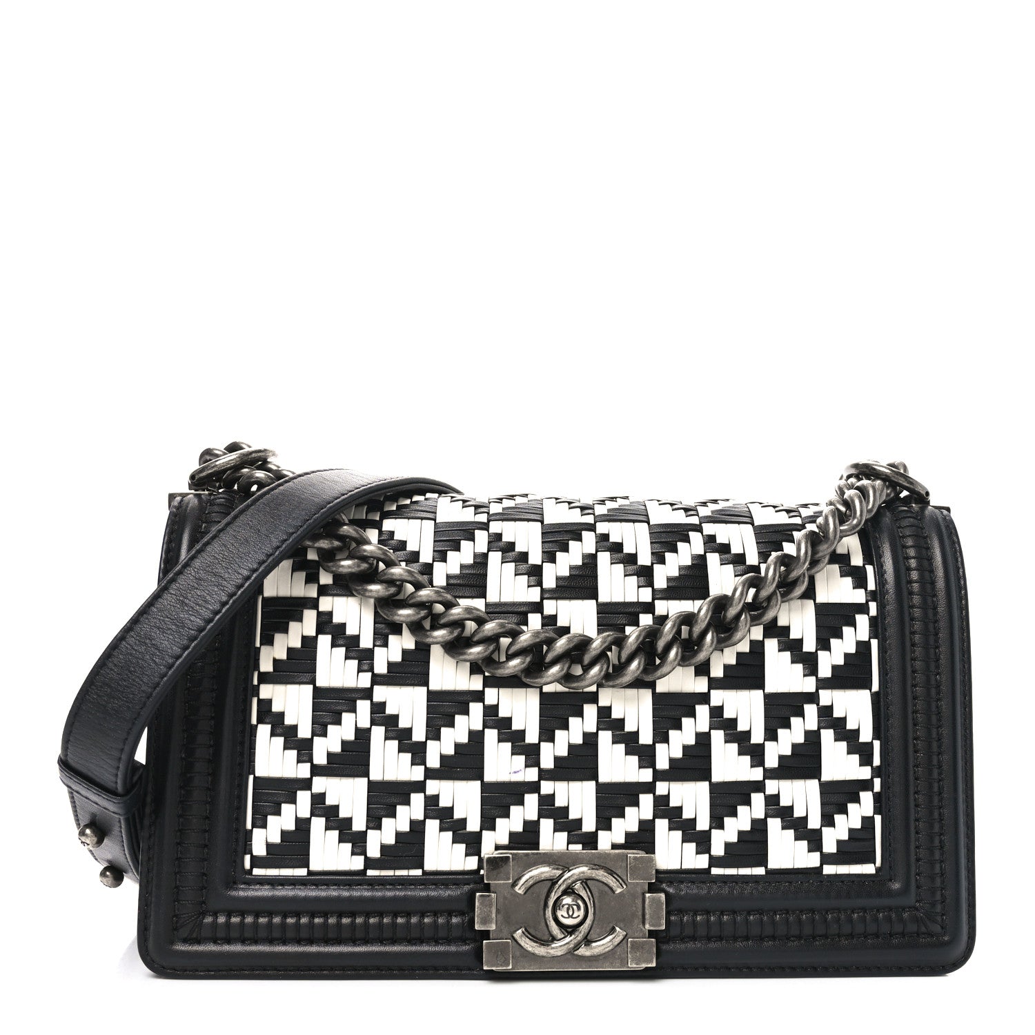 Chanel Calfskin Woven Medium Boy Flap Black White 1 of 10