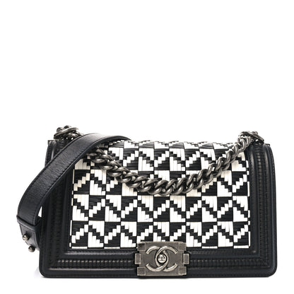 Chanel Calfskin Woven Medium Boy Flap Black White 1 of 10