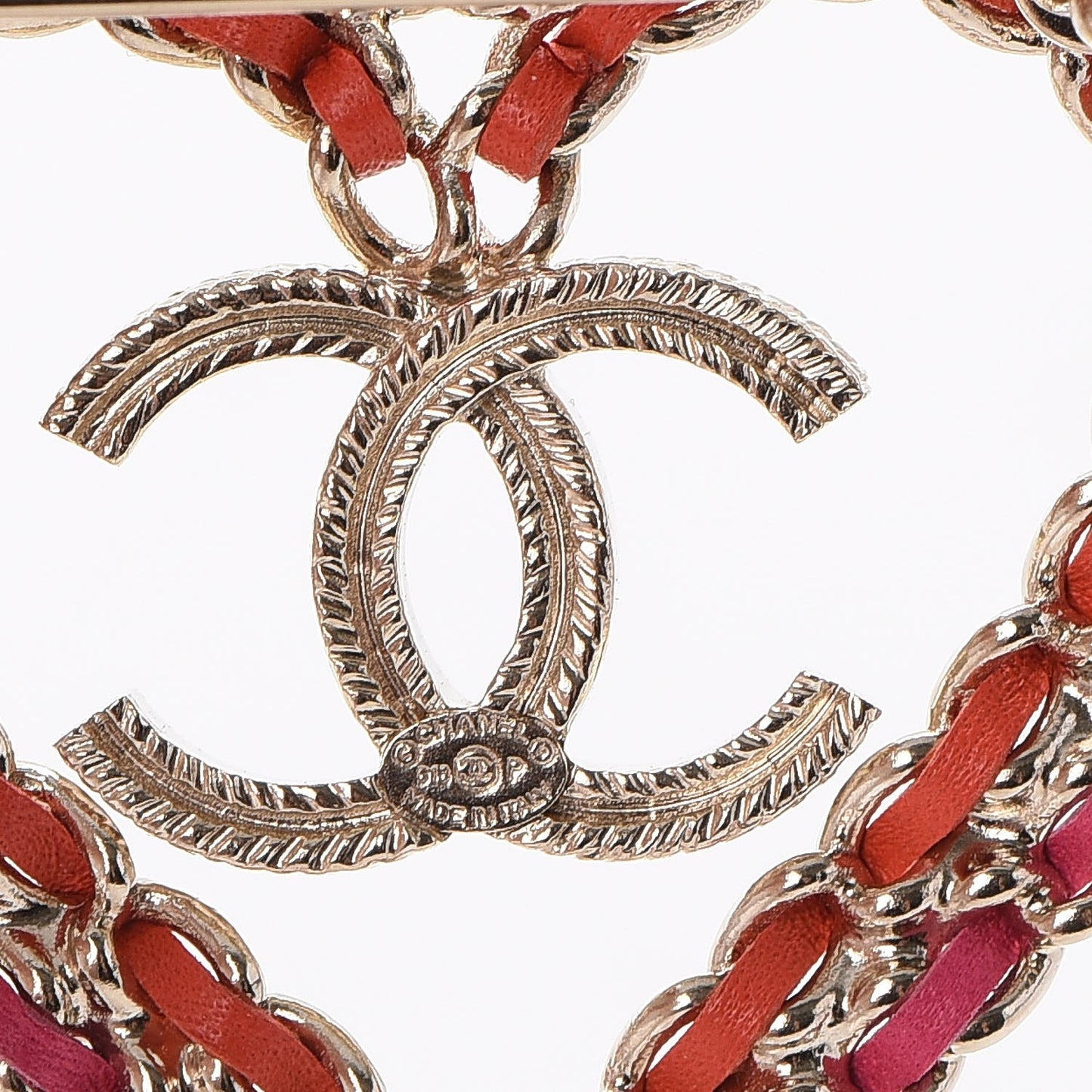 Metal Calfskin Braided Heart CC Brooch Pink Red Gold