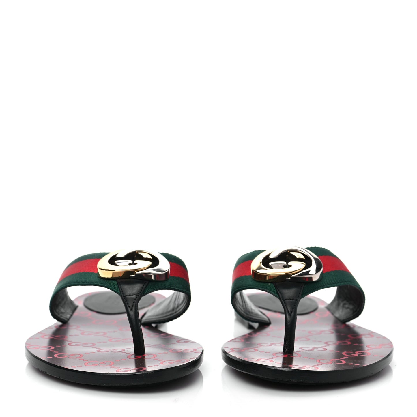 Nylon Calfskin Web GG Monogram Womens Thong Sandals 37 Green Red Cocoa