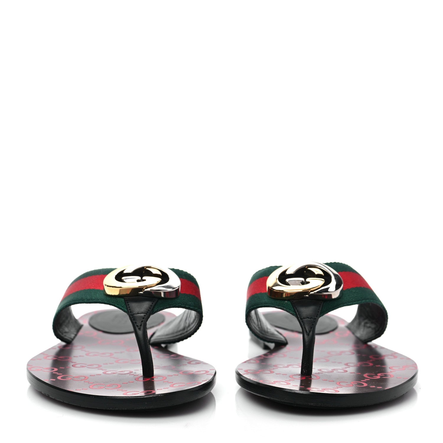 Gucci Nylon Calfskin Web GG Monogram Womens Thong Sandals 37 Green Red Cocoa 2 of 7