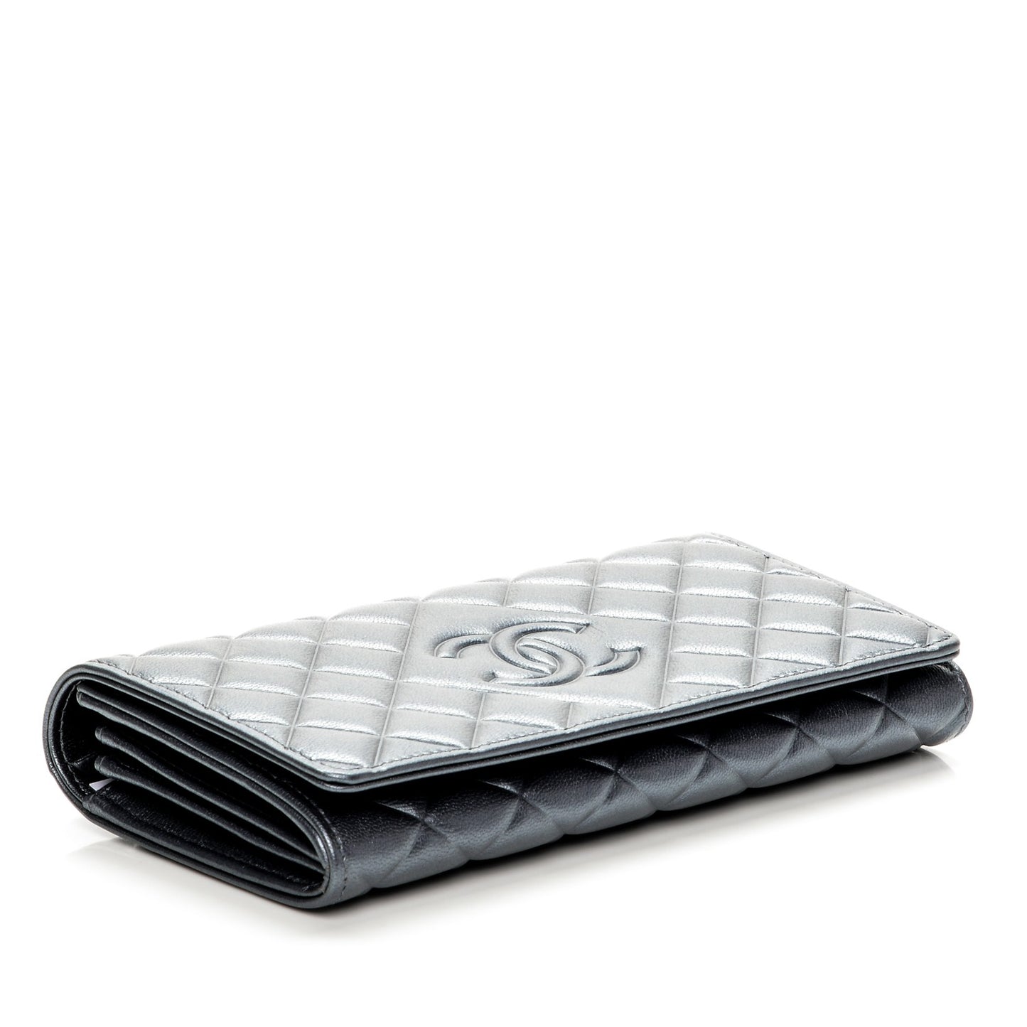Calfskin Quilted Large Diamond CC Flap Wallet Dark Silver