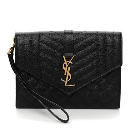 Saint Laurent Grain De Poudre Textured Mixed Matelasse Triquilt Monogram Clutch Black 1 of 8