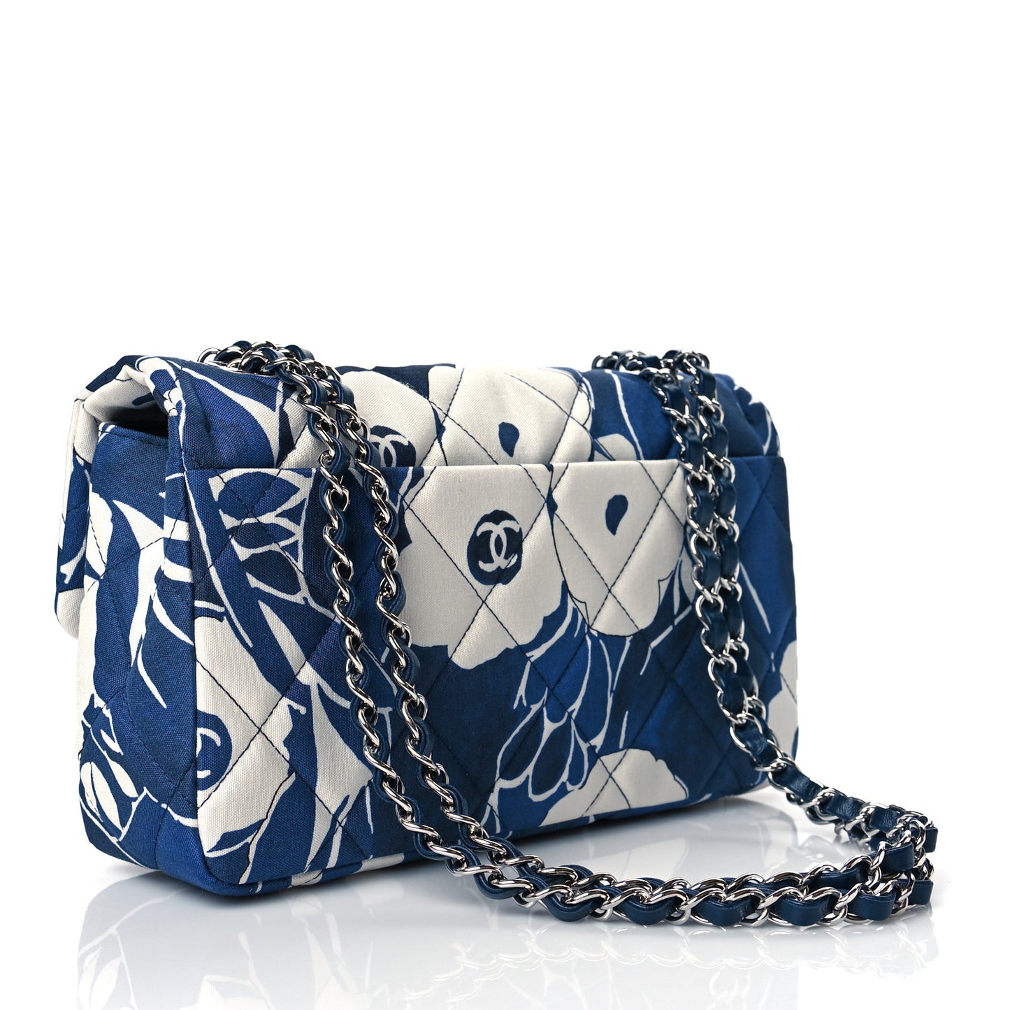 Floral Printed Silk CC Medium Single Flap Navy Blue White